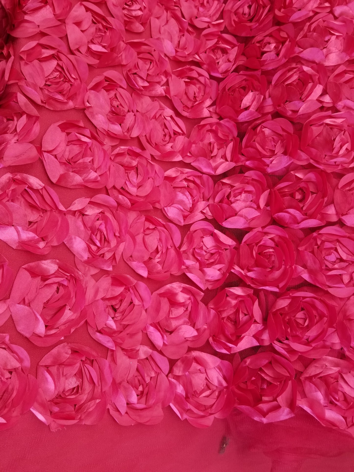 Fuschia 3D Rosette Embroidery Satin Rose Flowers Floral Mesh Fabric by the yard