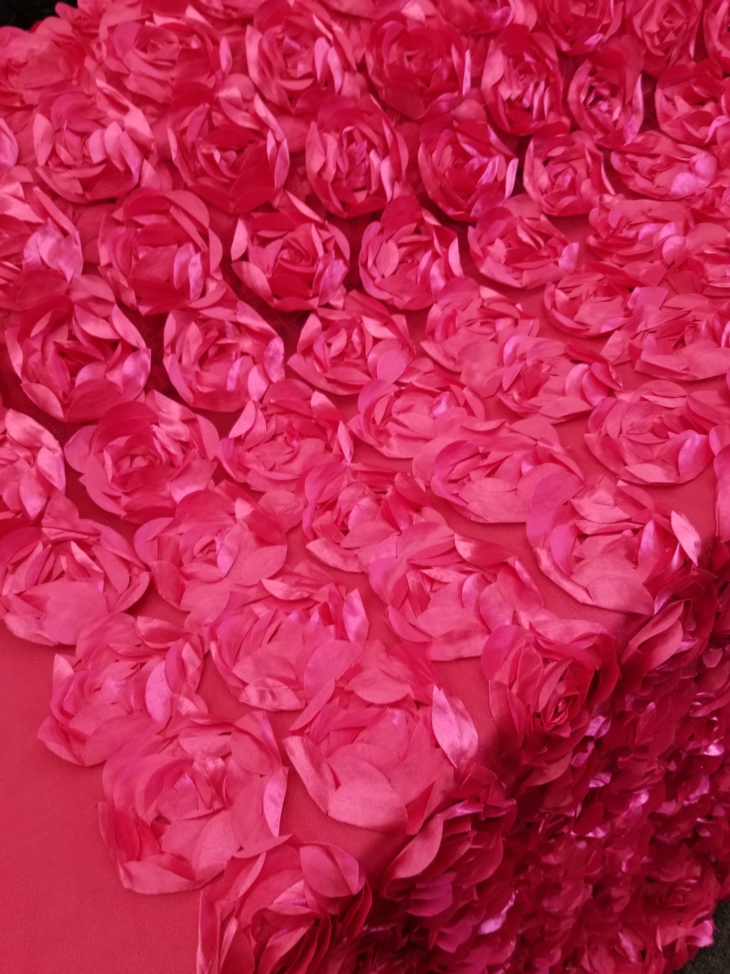 Fuschia 3D Rosette Embroidery Satin Rose Flowers Floral Mesh Fabric by the yard