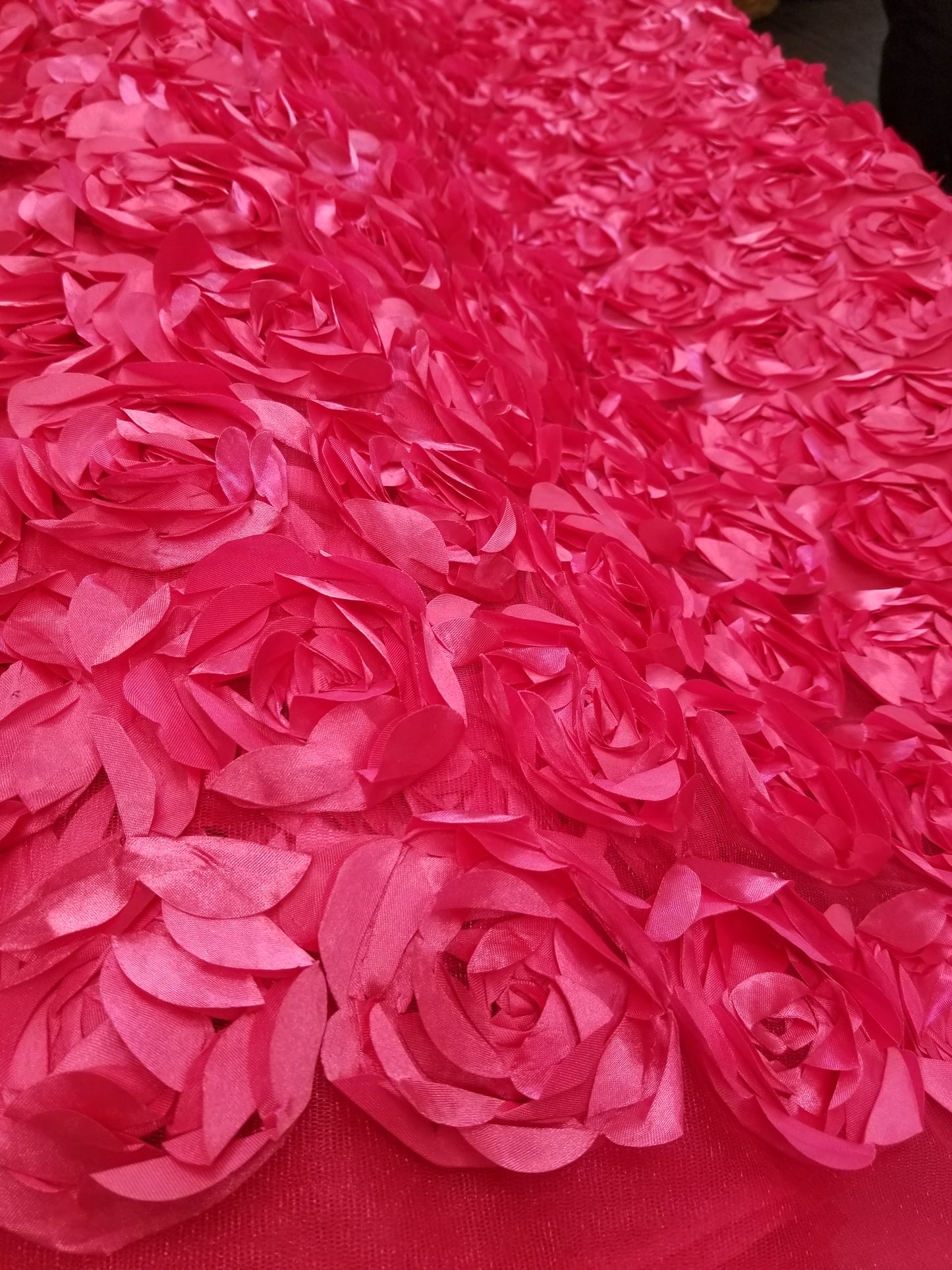 Fuschia 3D Rosette Embroidery Satin Rose Flowers Floral Mesh Fabric by the yard