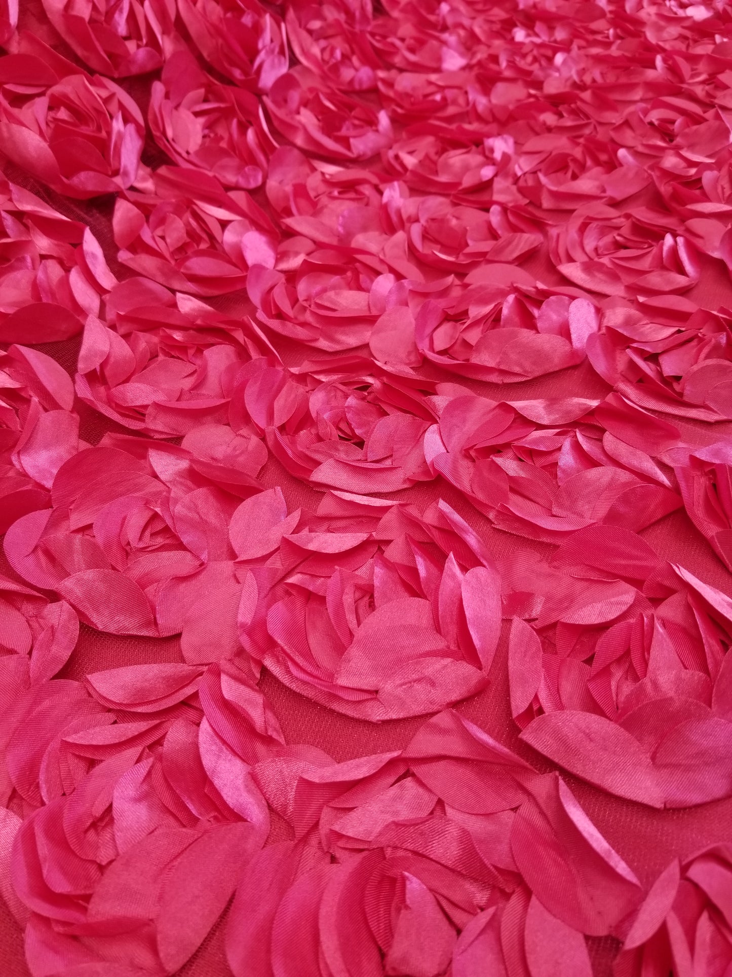 Fuschia 3D Rosette Embroidery Satin Rose Flowers Floral Mesh Fabric by the yard