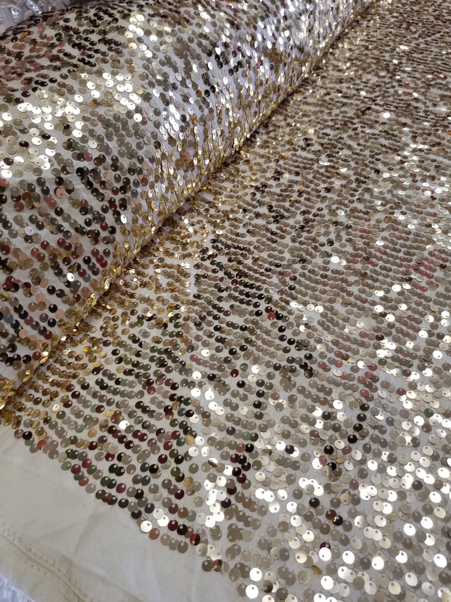 Lt. Gold Sequins Taffeta Fabric by the Yard - Embroidery Sequin On a Taffeta 58/60”For Tablecloths/Runners/Curtains