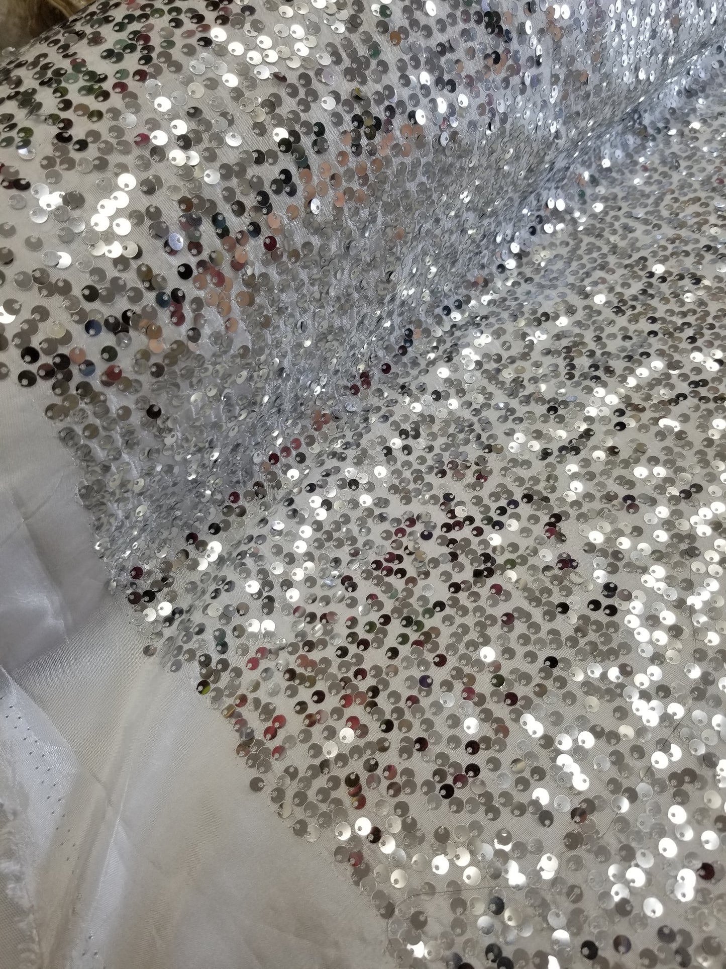 White Silver Sequins Taffeta Fabric by the Yard - Embroidery Sequin On a Taffeta 58/60”For Tablecloths/Runners/Curtains