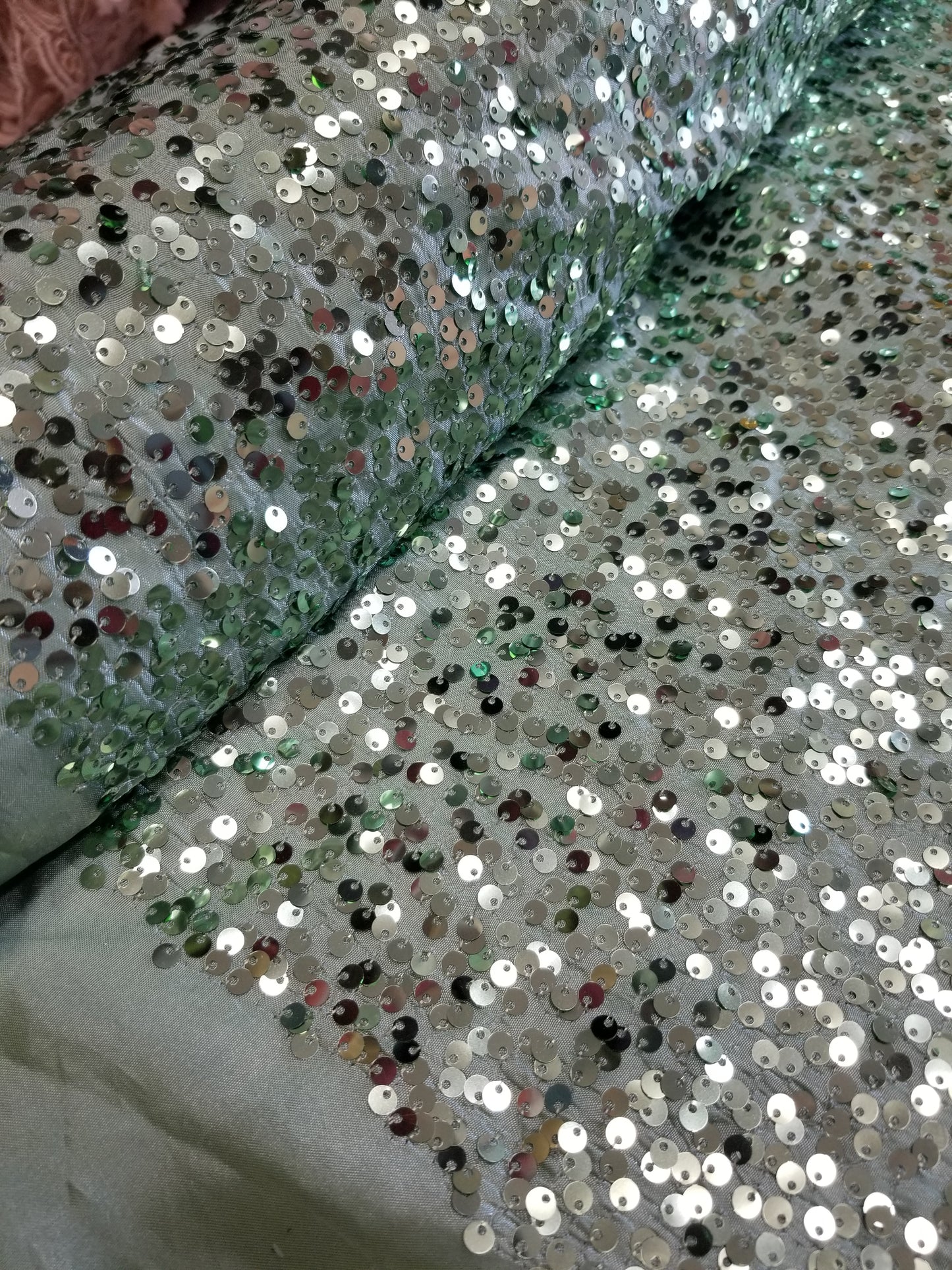 Mint Green Sequins Taffeta Fabric by the Yard - Embroidery Sequin On a Taffeta 58/60”For Tablecloths/Runners/Curtains