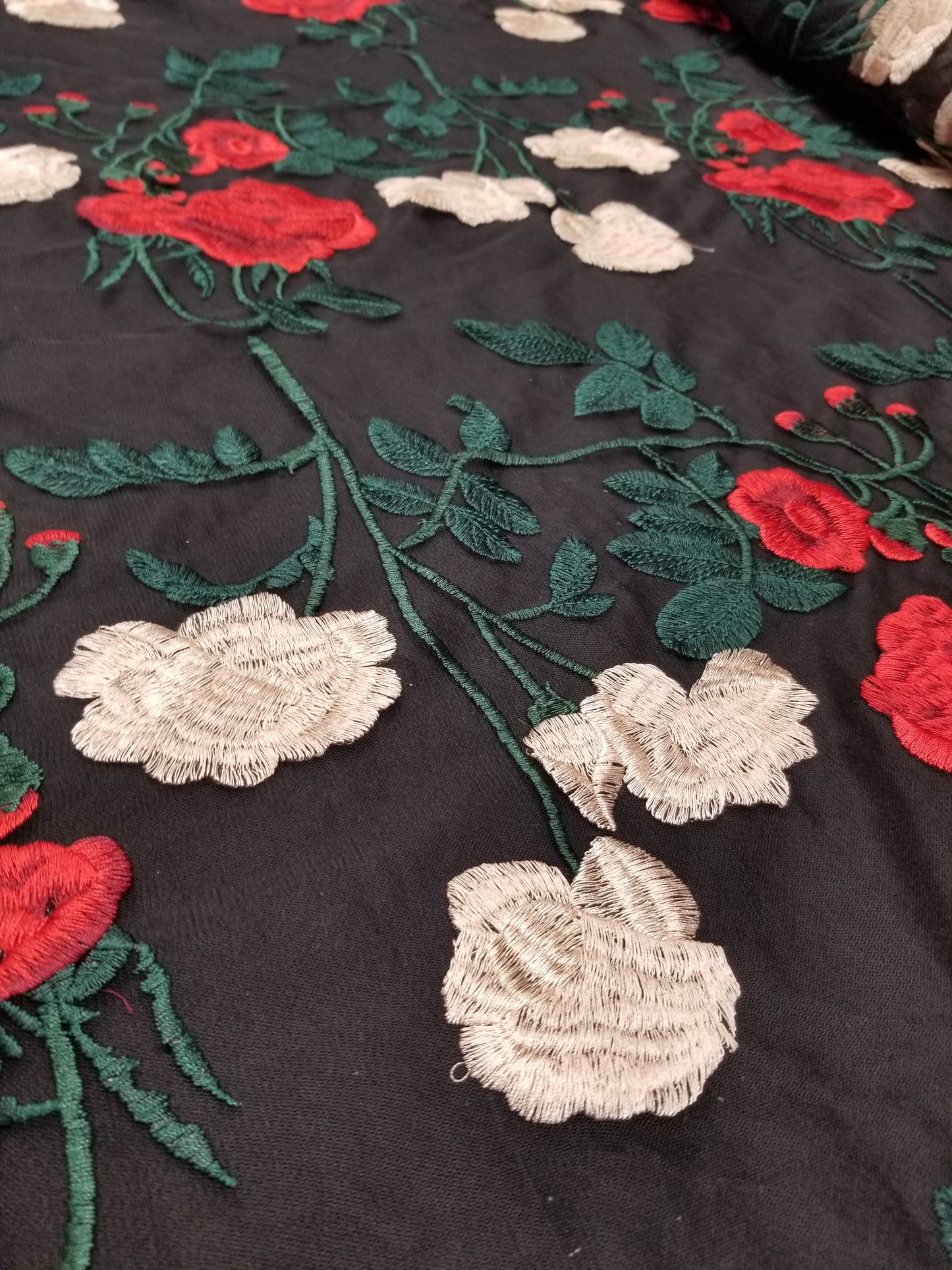 Multicolor Embroidered Floral Lace Fabric, Heavy Embroidered Black Mesh Lace Fabric for Party Dress, Formal Gown or Prom Dress