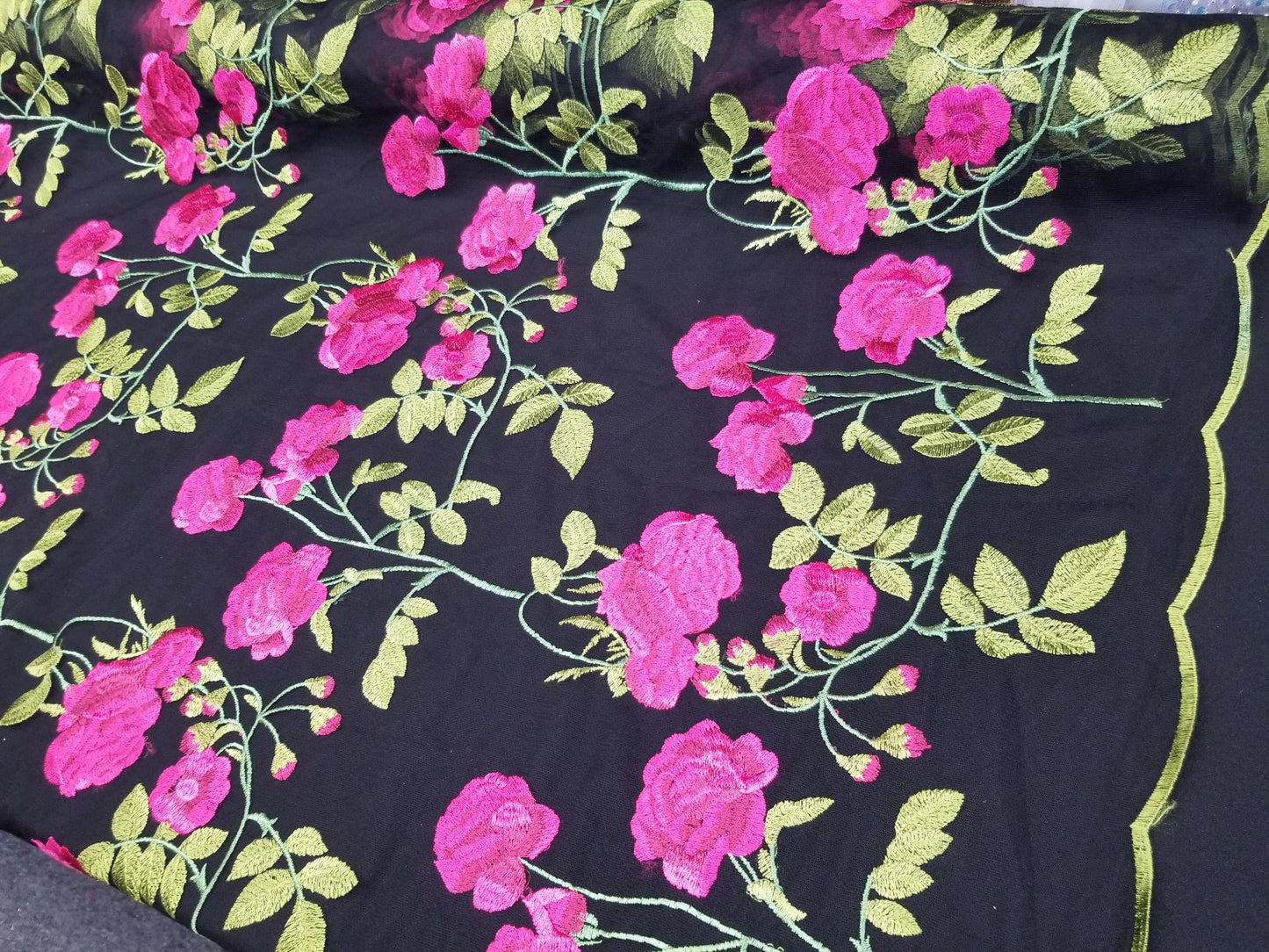Multicolor Embroidered Floral Lace Fabric, Heavy Embroidered Black Mesh Lace Fabric for Party Dress, Formal Gown or Prom Dress