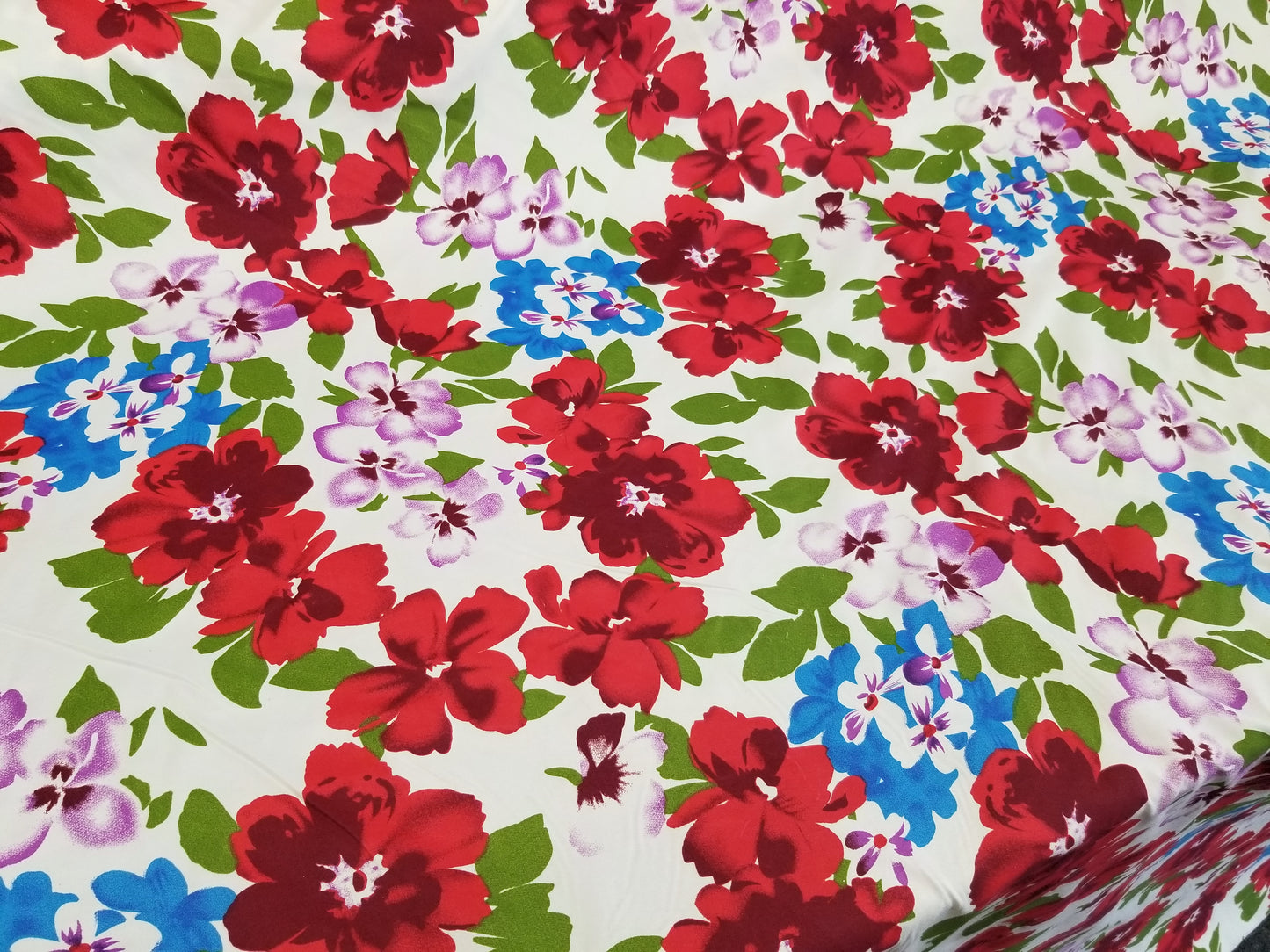 Poly Cotton Fabric By the Yard Sateen - Floral Cotton Flower (Off White Red Lavender Pink))