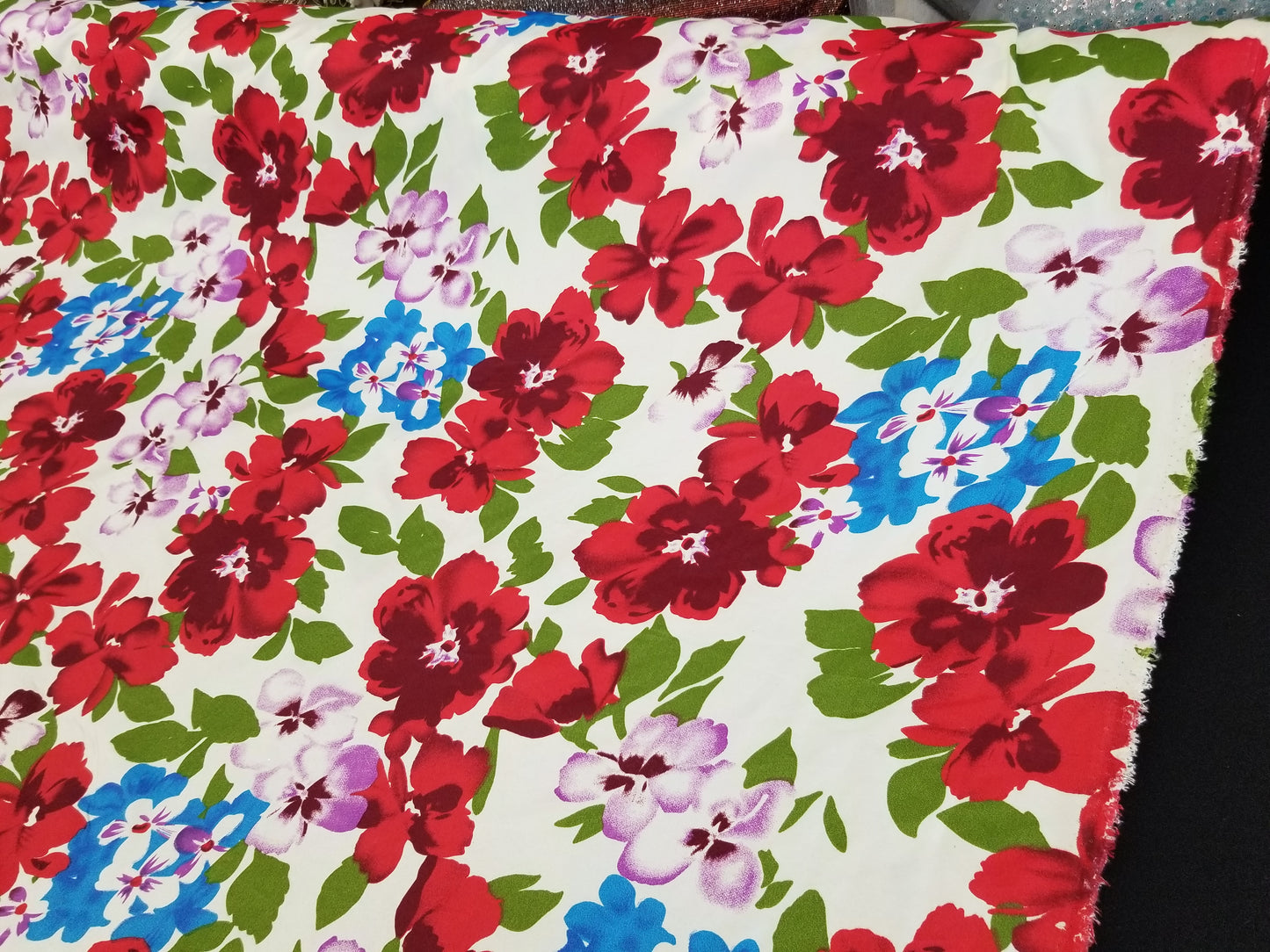 Poly Cotton Fabric By the Yard Sateen - Floral Cotton Flower (Off White Red Lavender Pink))