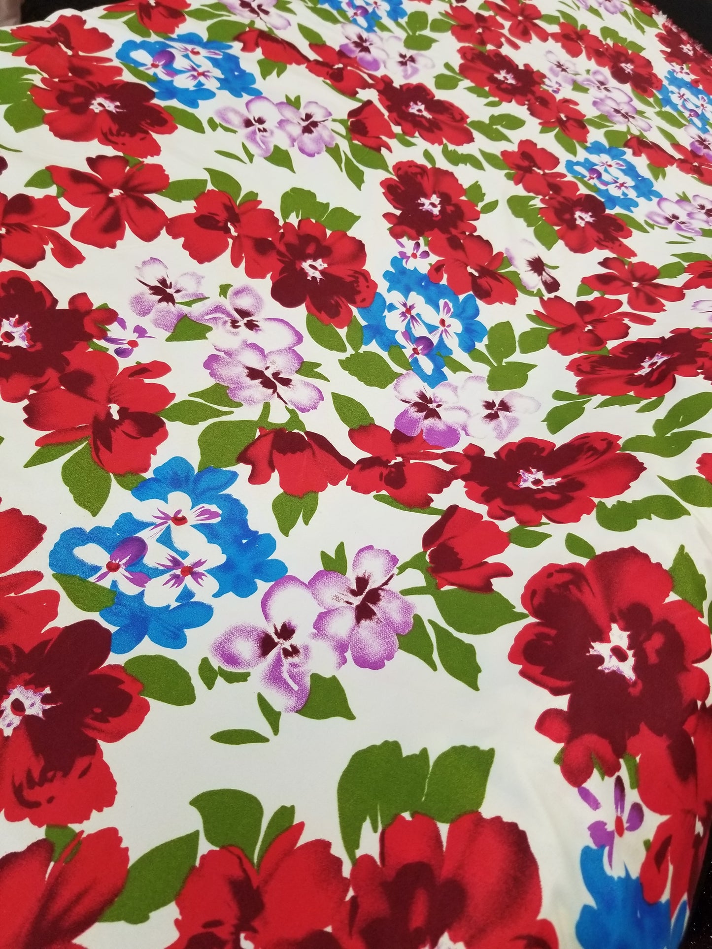 Poly Cotton Fabric By the Yard Sateen - Floral Cotton Flower (Off White Red Lavender Pink))