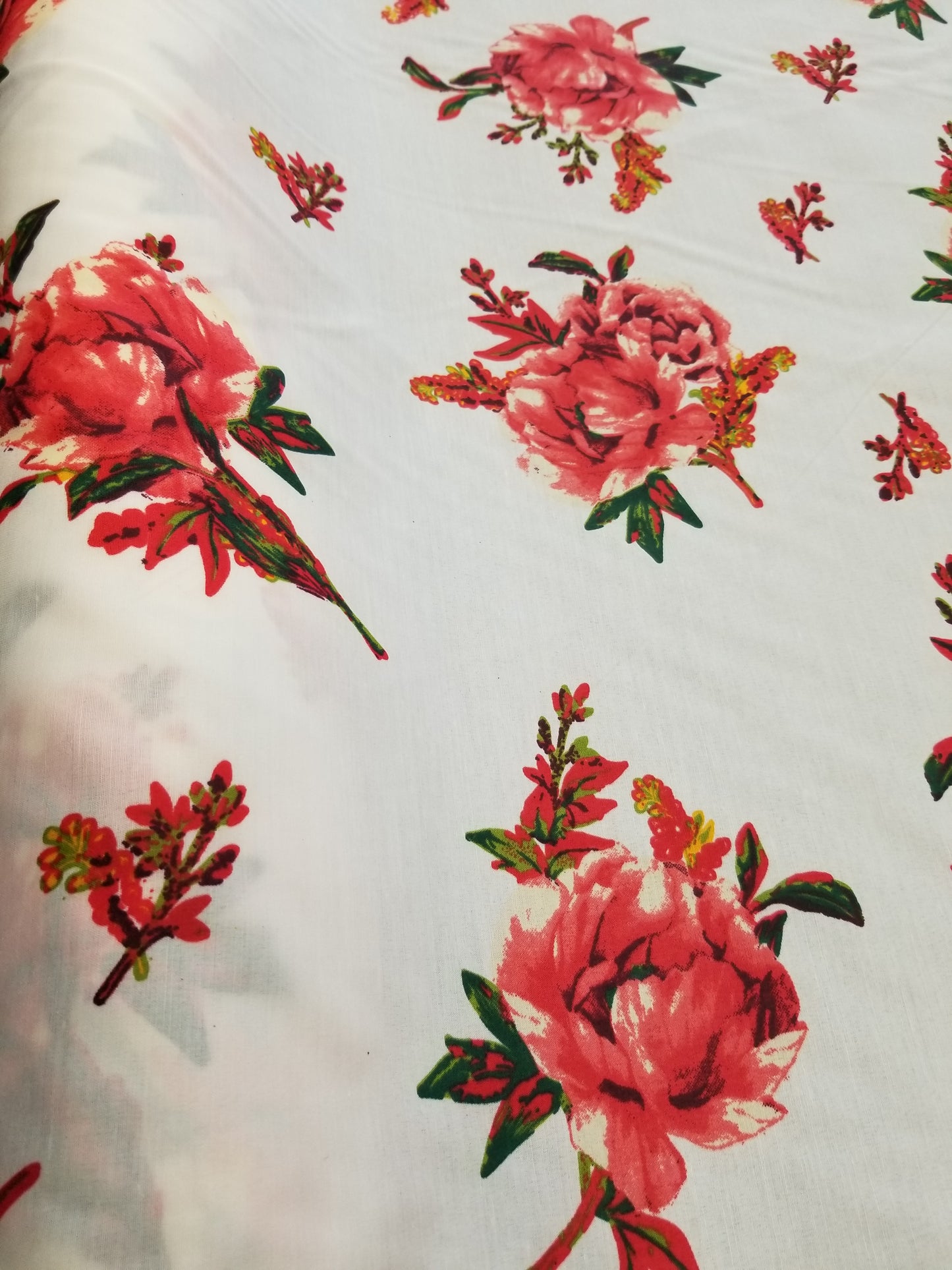 Poly Cotton Fabric By the Yard Sateen - Floral Cotton Flower (Off White Pink Green)