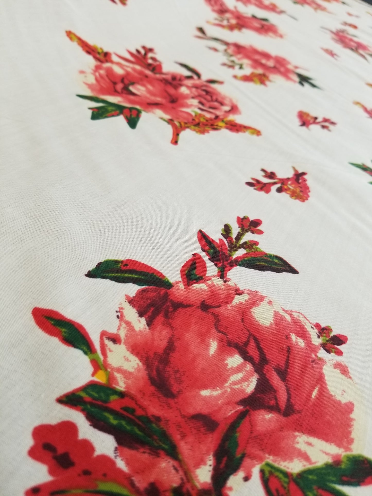 Poly Cotton Fabric By the Yard Sateen - Floral Cotton Flower (Off White Pink Green)