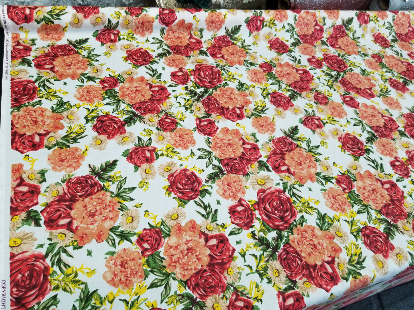Poly Cotton Fabric By the Yard Cotton Sateen - Floral Cotton Flower (Off White Red Coral Green)
