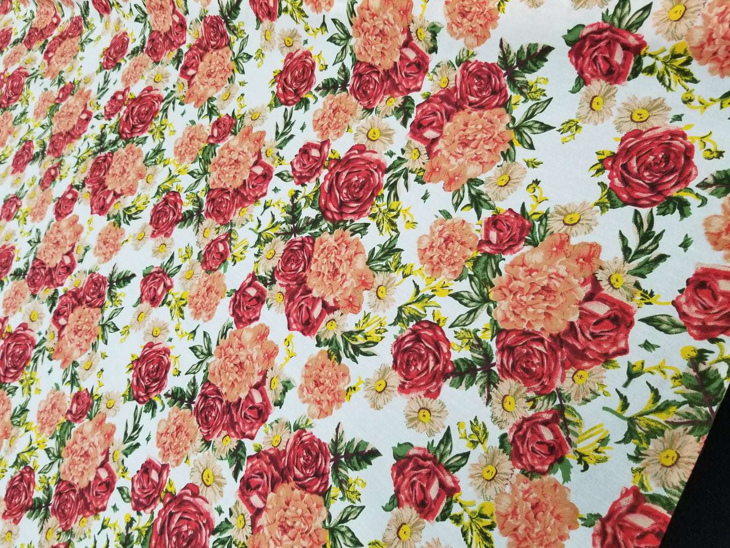 Poly Cotton Fabric By the Yard Cotton Sateen - Floral Cotton Flower (Off White Red Coral Green)
