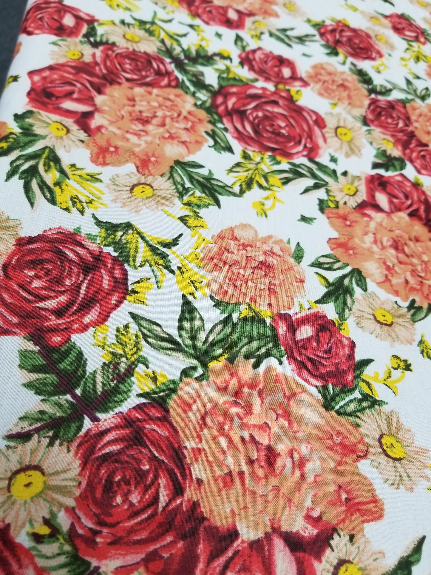Poly Cotton Fabric By the Yard Cotton Sateen - Floral Cotton Flower (Off White Red Coral Green)