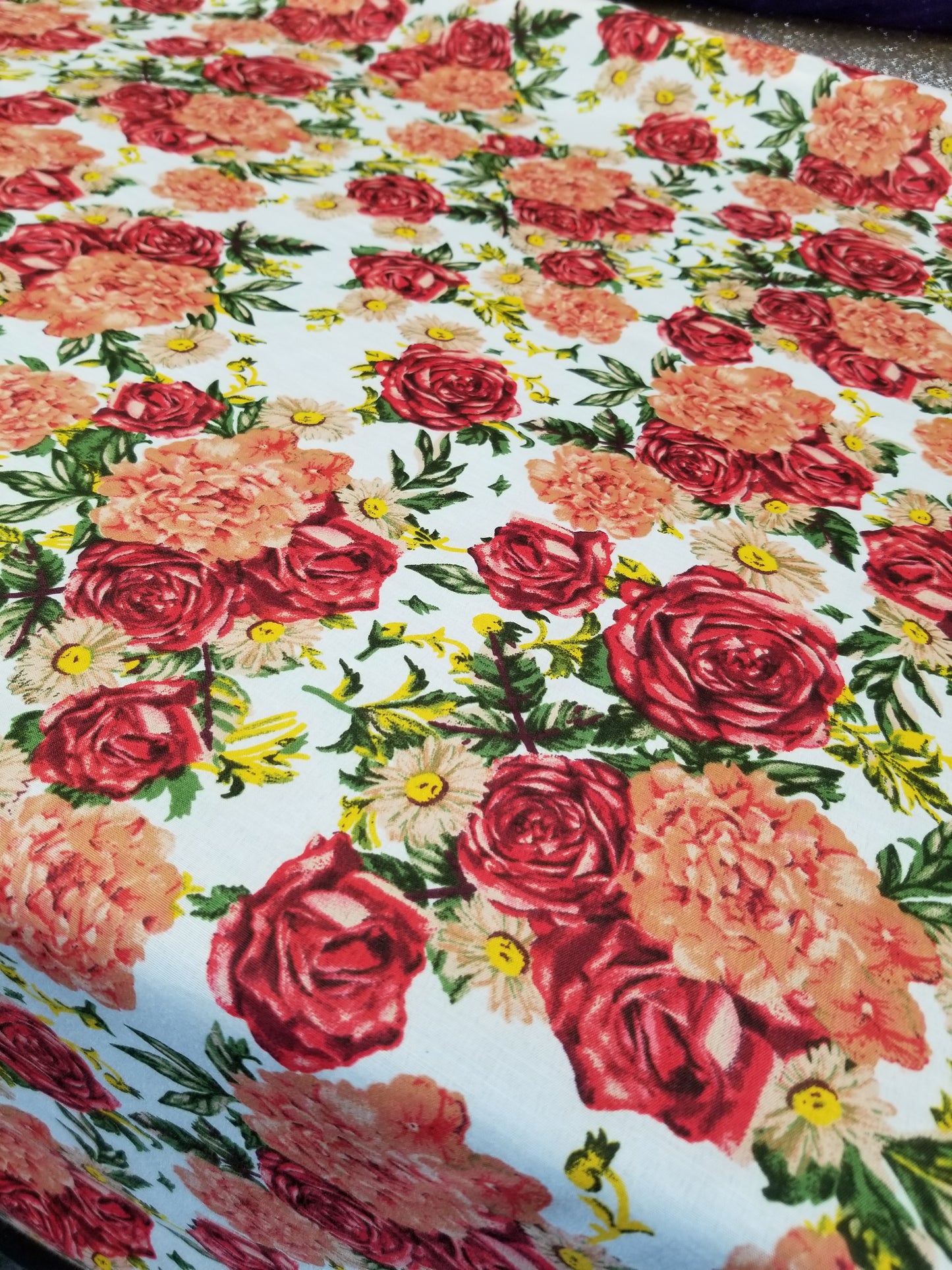Poly Cotton Fabric By the Yard Cotton Sateen - Floral Cotton Flower (Off White Red Coral Green)