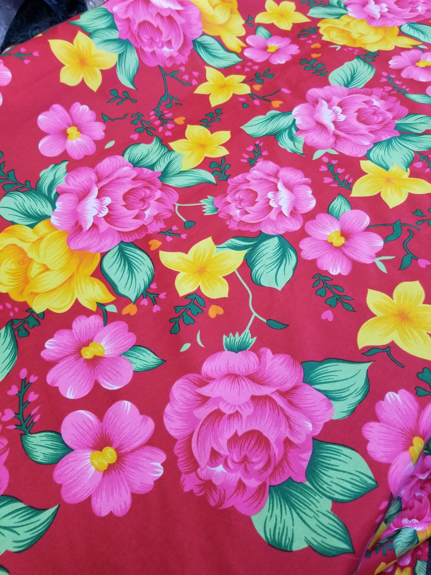 Poly Cotton Fabric By the Yard Cotton Sateen - Floral Cotton Flower (Red Yellow Gold Pink)