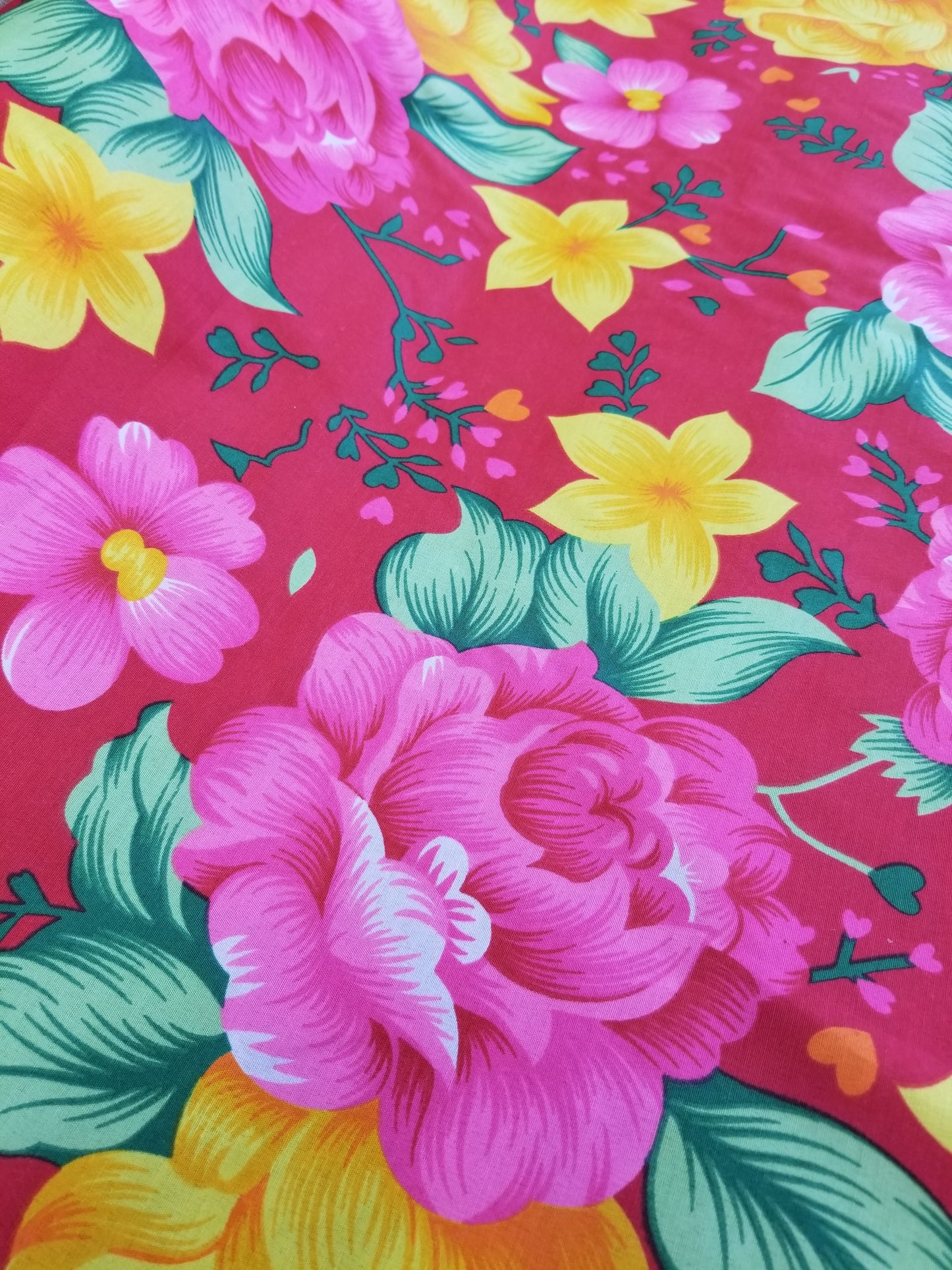 Poly Cotton Fabric By the Yard Cotton Sateen - Floral Cotton Flower (Red Yellow Gold Pink)