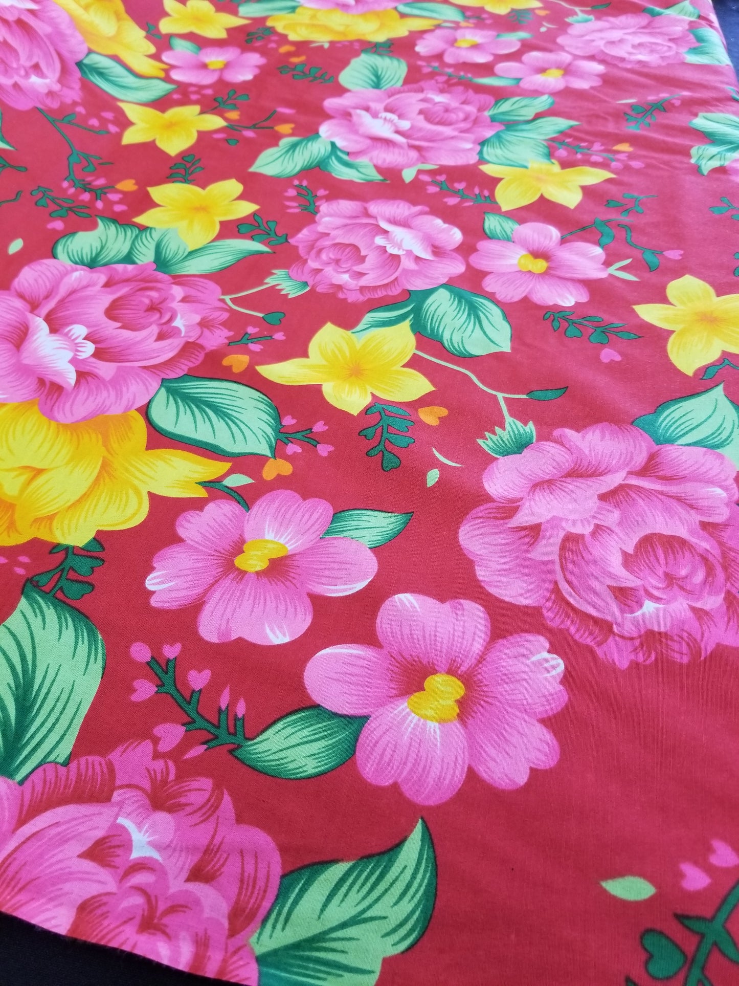 Poly Cotton Fabric By the Yard Sateen - Floral Cotton Flower (Fuschia Pink Yellow Gold)