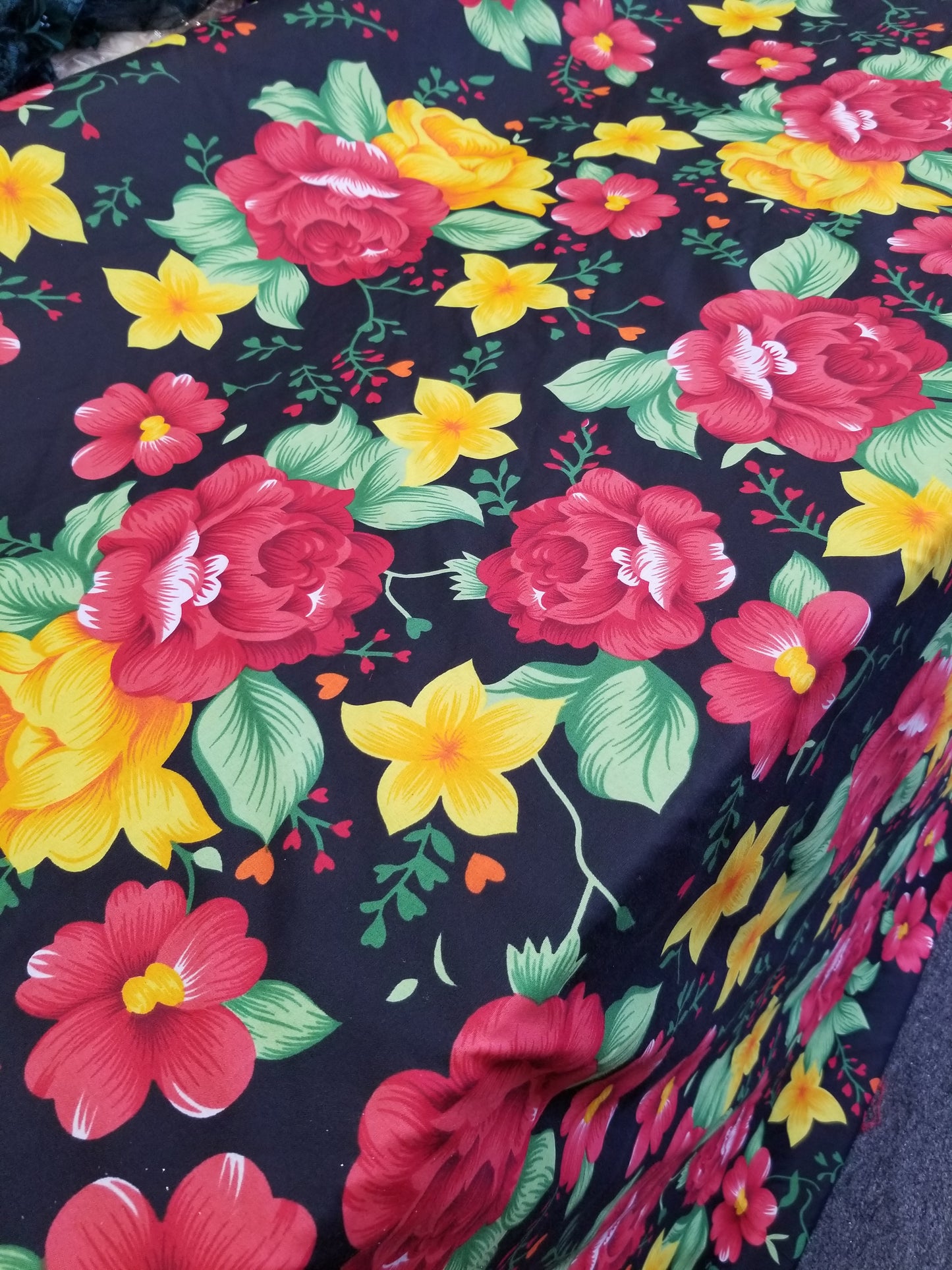 Poly Cotton Fabric By the Yard Sateen - Floral Cotton Flower (Black Red Yellow Gold)