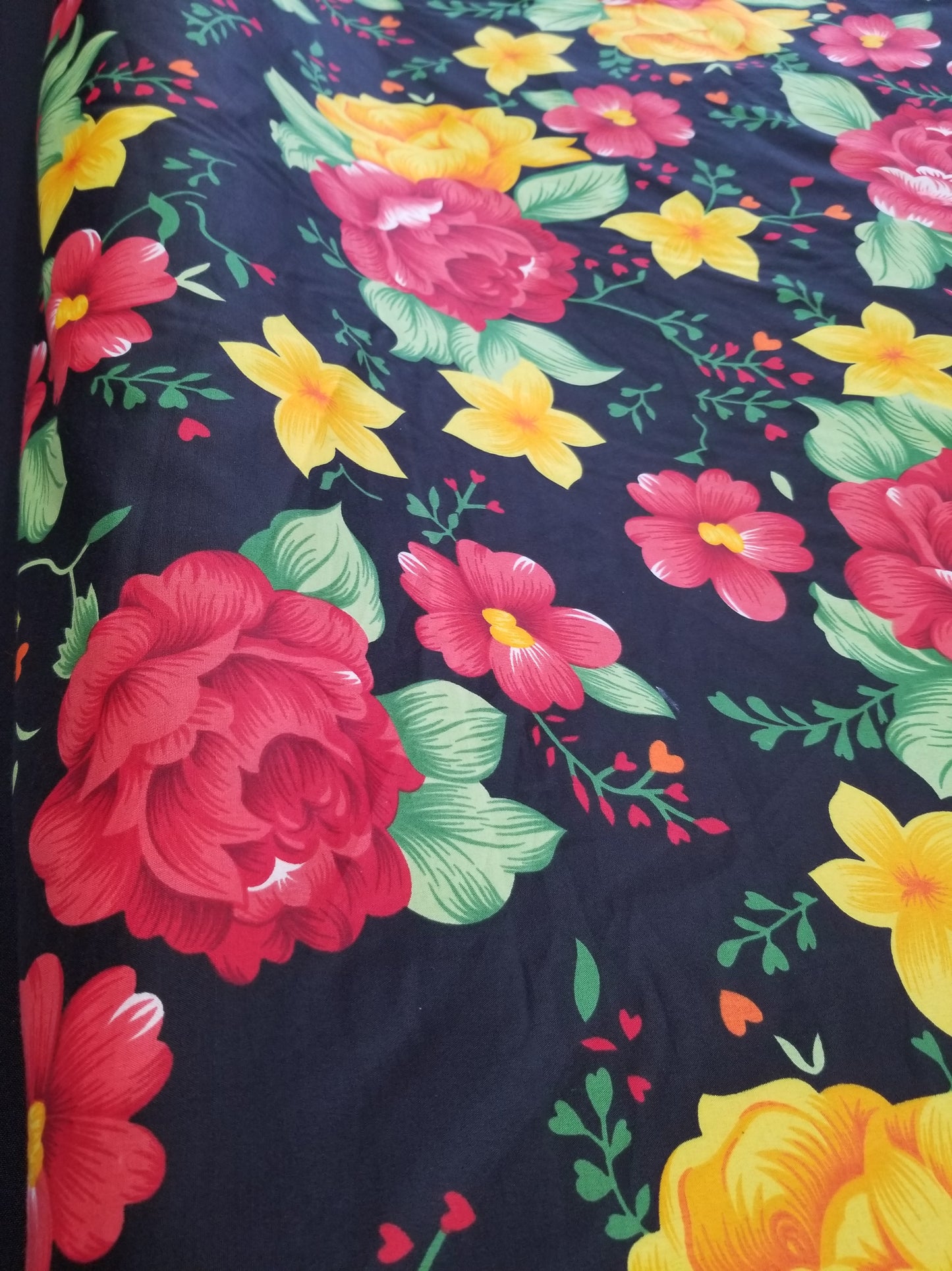 Poly Cotton Fabric By the Yard Sateen - Floral Cotton Flower (Black Red Yellow Gold)