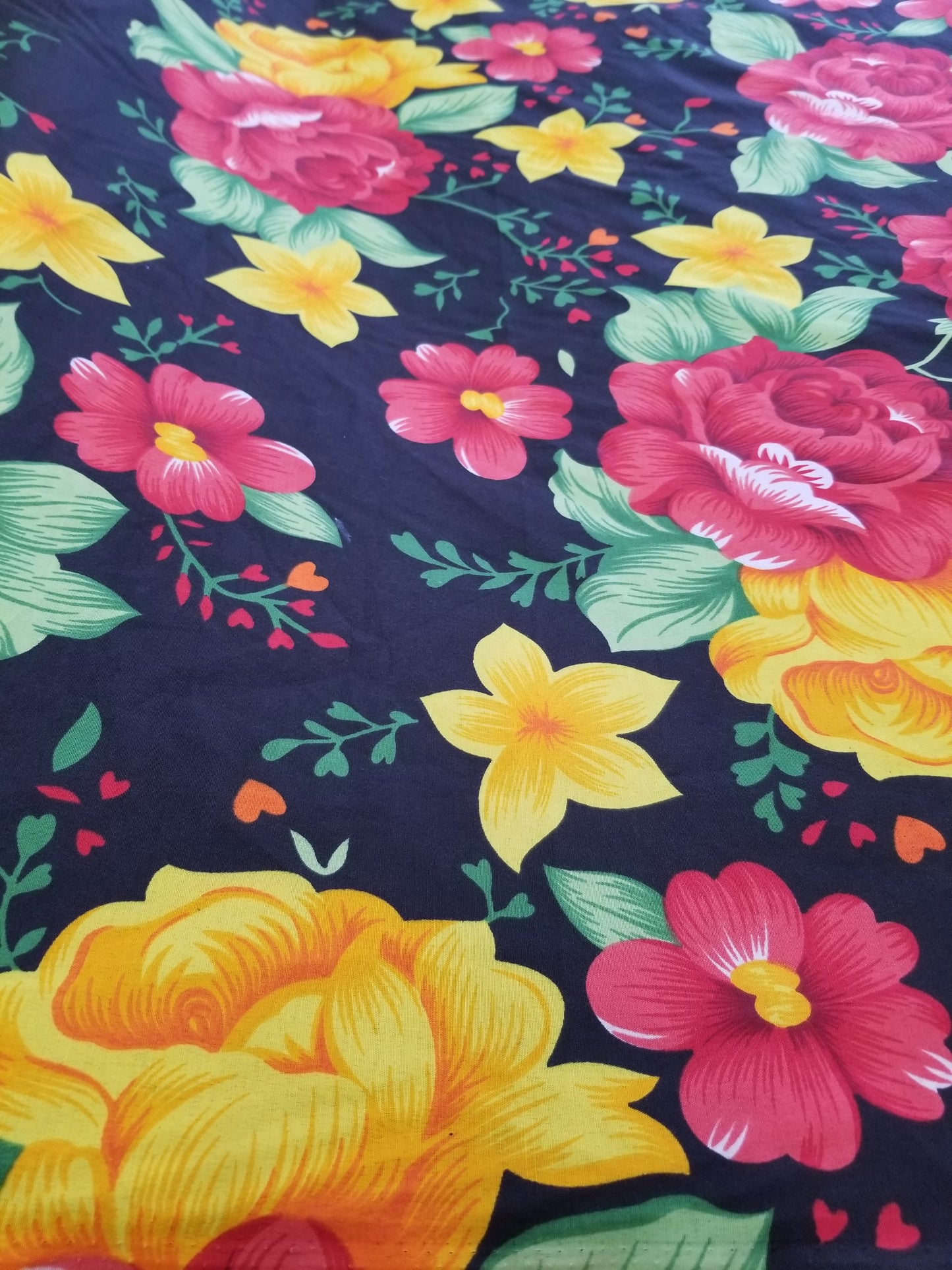 Poly Cotton Fabric By the Yard Sateen - Floral Cotton Flower (Black Red Yellow Gold)