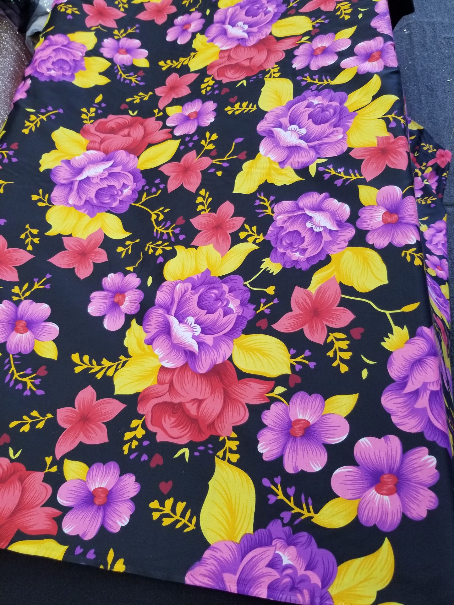 Poly Cotton Fabric By the Yard Sateen - Floral Cotton Flower (Black Pink Red Yellow Gold)