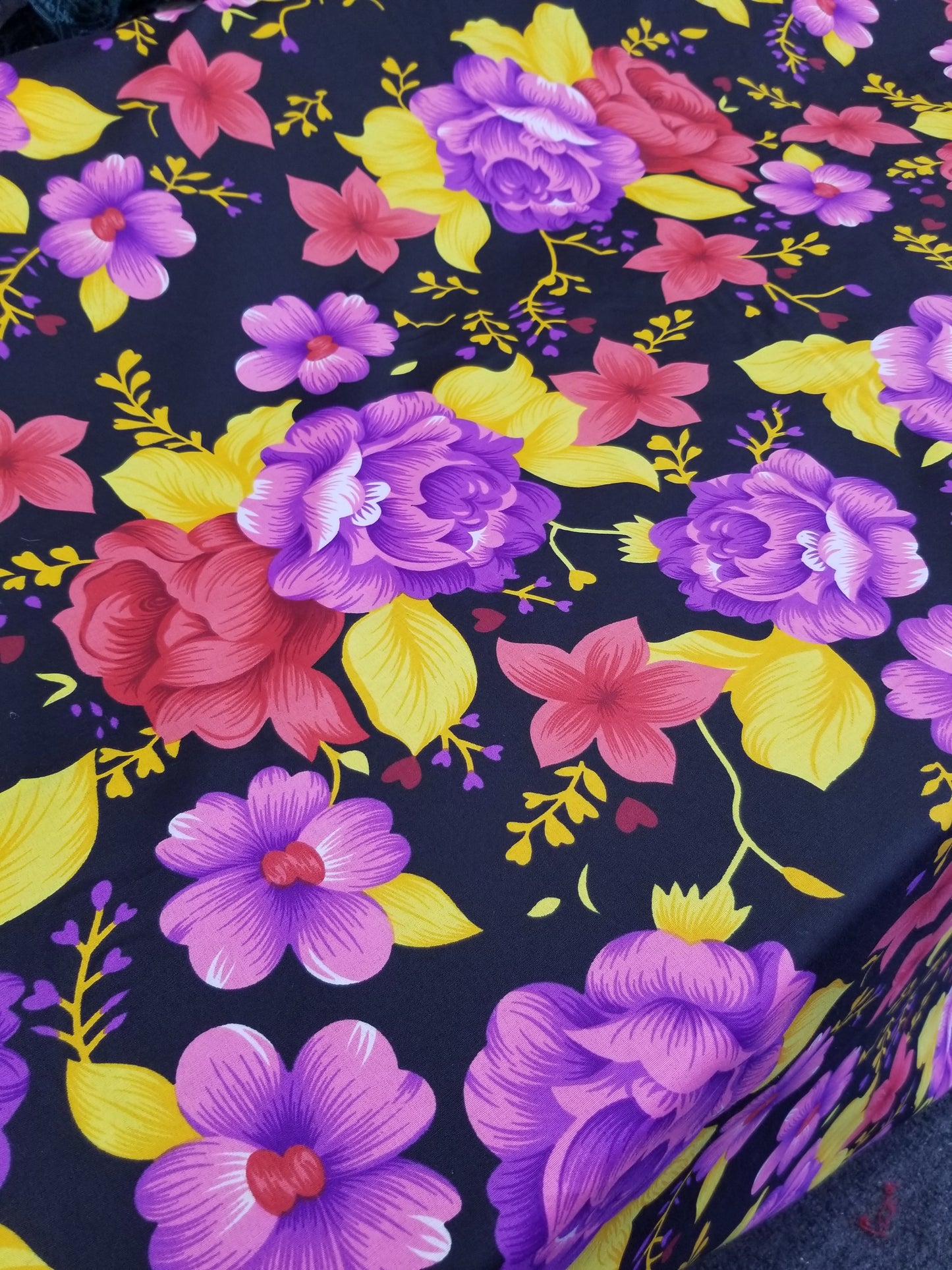 Poly Cotton Fabric By the Yard Sateen - Floral Cotton Flower (Black Pink Red Yellow Gold)
