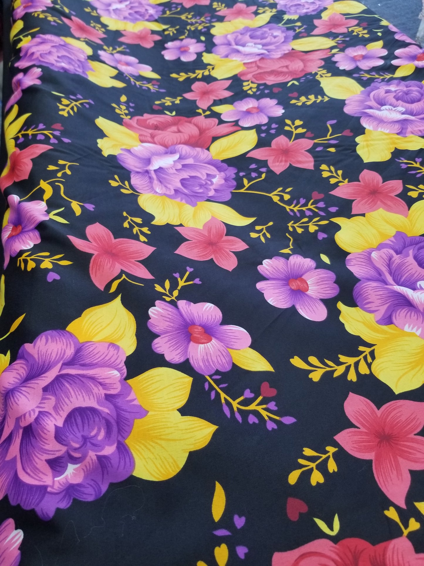 Poly Cotton Fabric By the Yard Sateen - Floral Cotton Flower (Black Pink Red Yellow Gold)