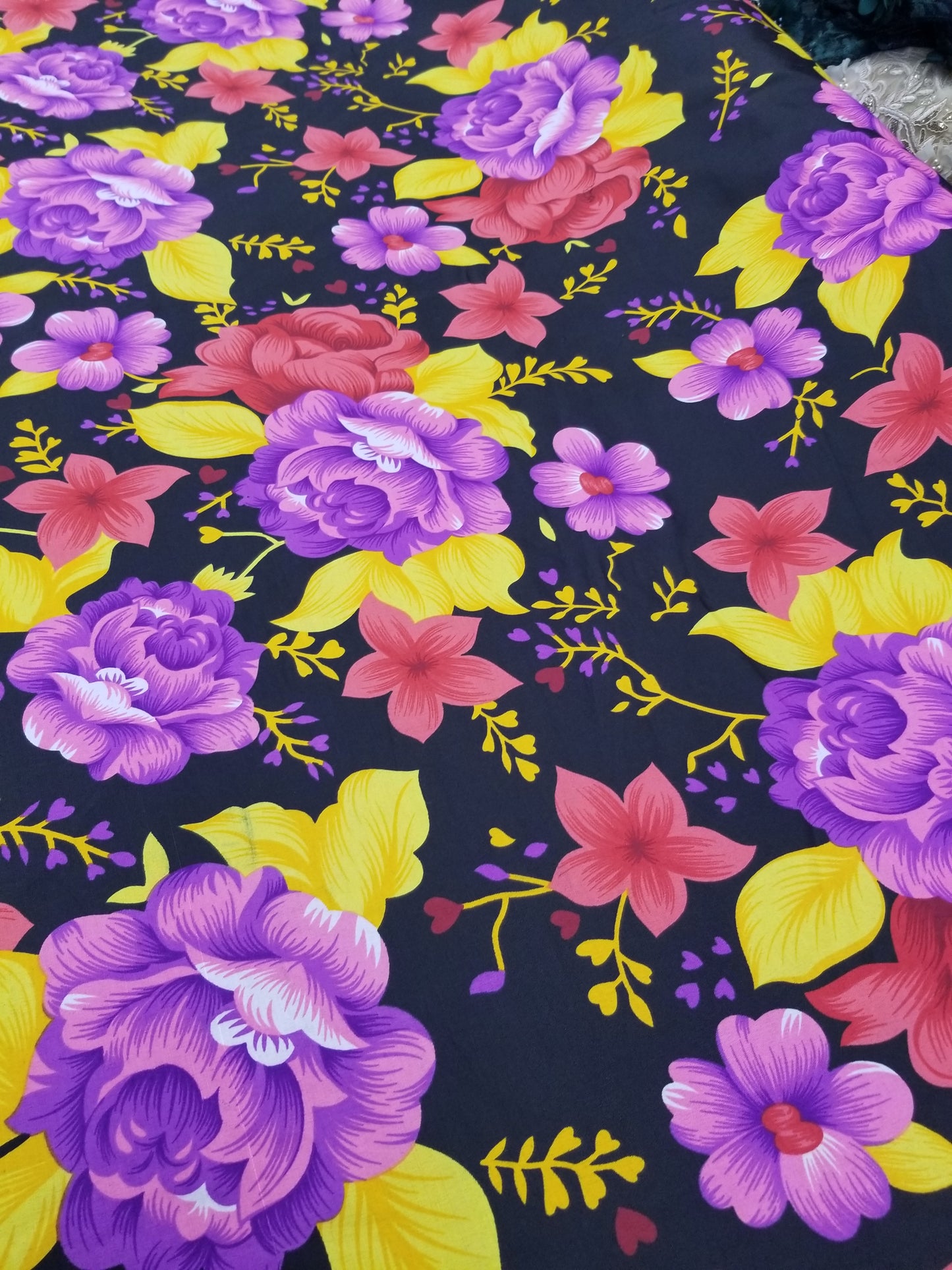 Poly Cotton Fabric By the Yard Sateen - Floral Cotton Flower (Black Pink Red Yellow Gold)