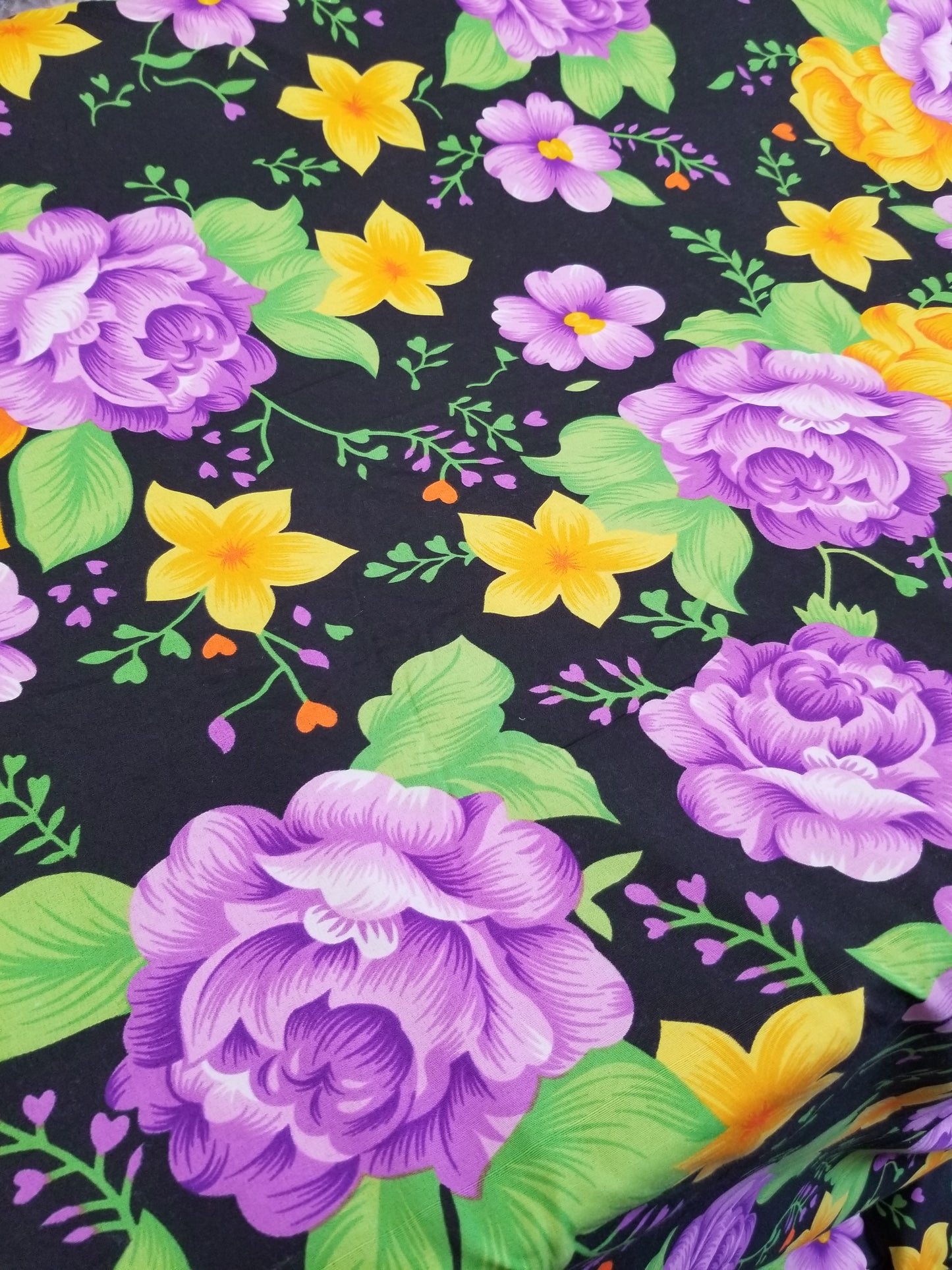 Poly Cotton Fabric By the Yard Sateen - Floral Cotton Flower (Black Lavender Yellow Gold))