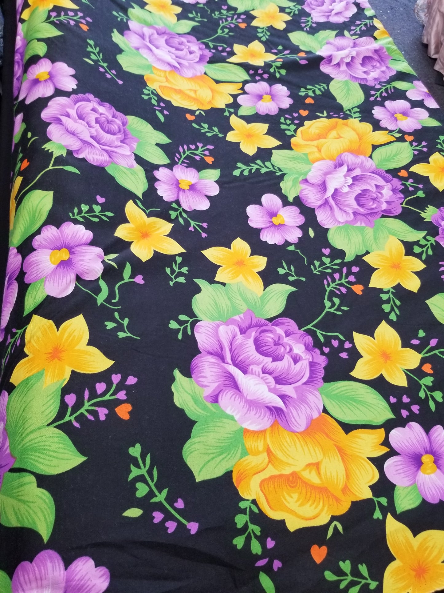 Poly Cotton Fabric By the Yard Sateen - Floral Cotton Flower (Black Lavender Yellow Gold))