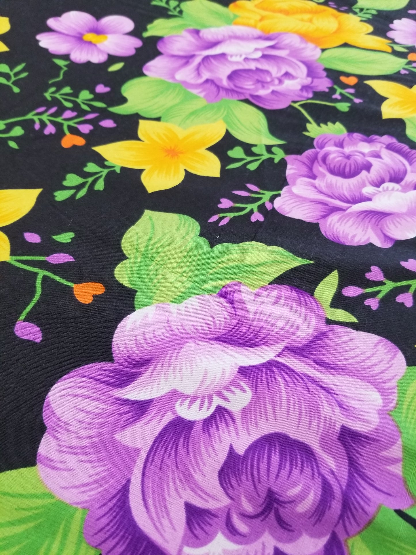 Poly Cotton Fabric By the Yard Sateen - Floral Cotton Flower (Black Lavender Yellow Gold))