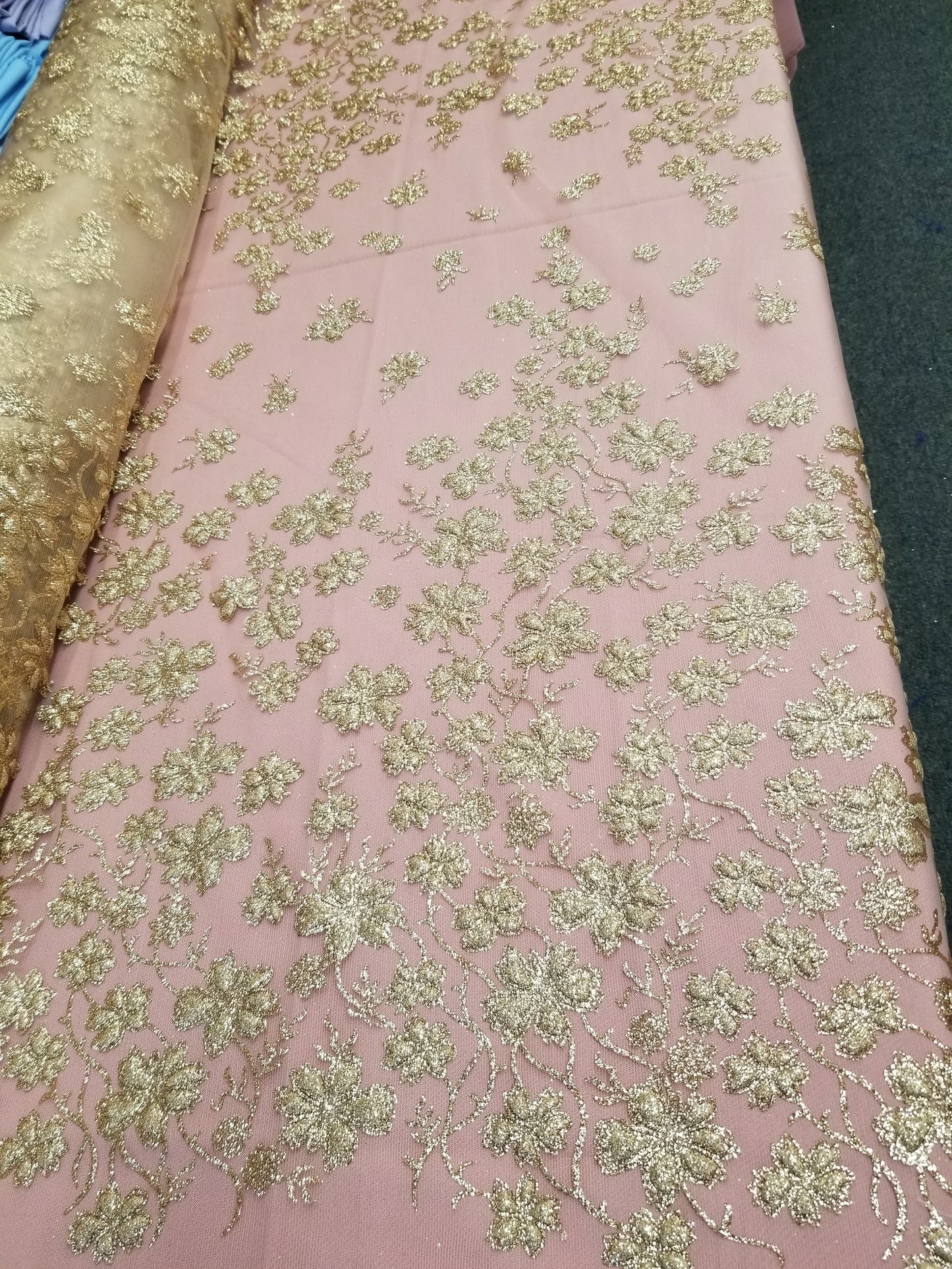 Champagne Floral Glitter Embroidery Mesh Lace Wedding Party Dress Fabric
