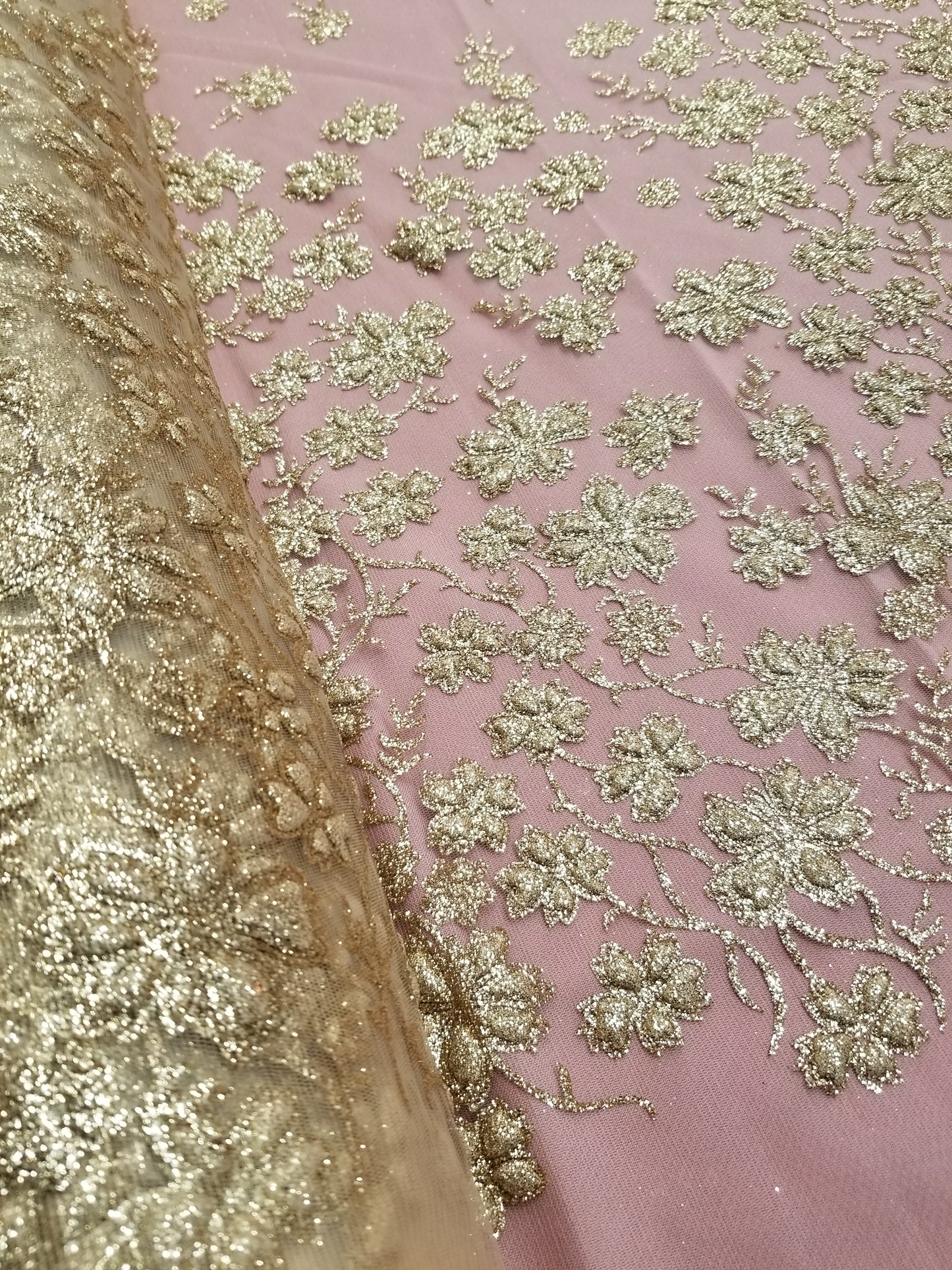 Champagne Floral Glitter Embroidery Mesh Lace Wedding Party Dress Fabric