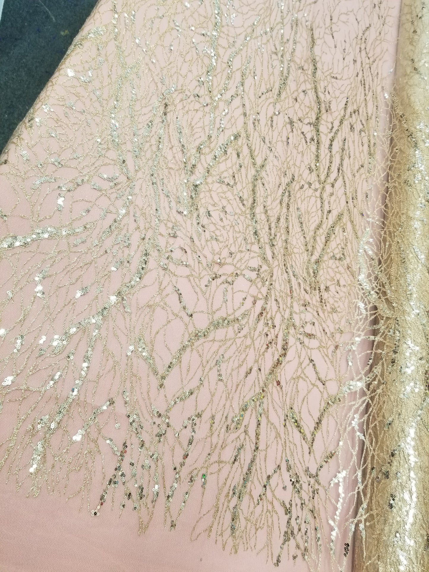 Champagne Floral Glitter Sequins Embroidery Mesh Lace Wedding Party Dress Fabric