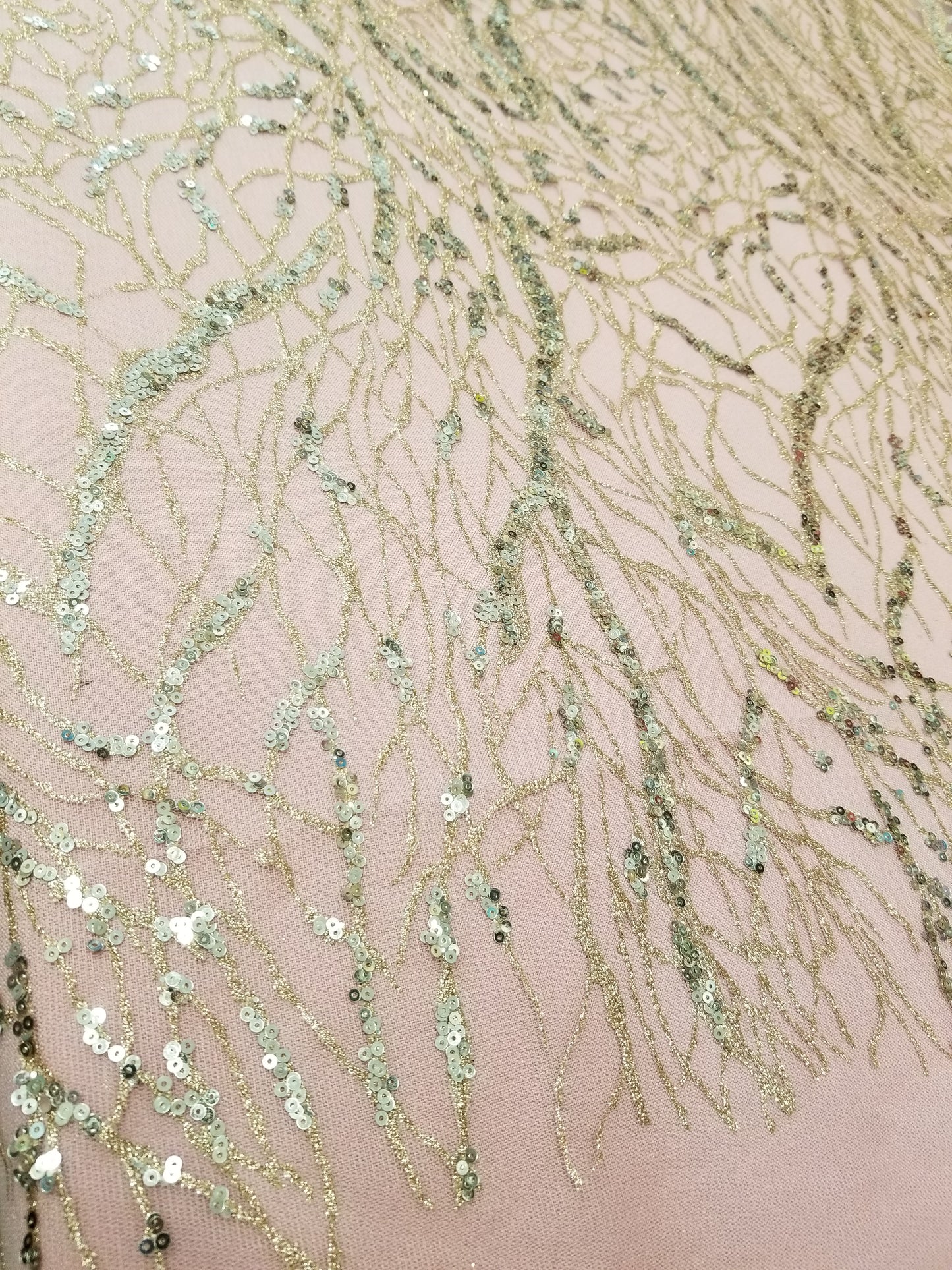 Champagne Floral Glitter Sequins Embroidery Mesh Lace Wedding Party Dress Fabric