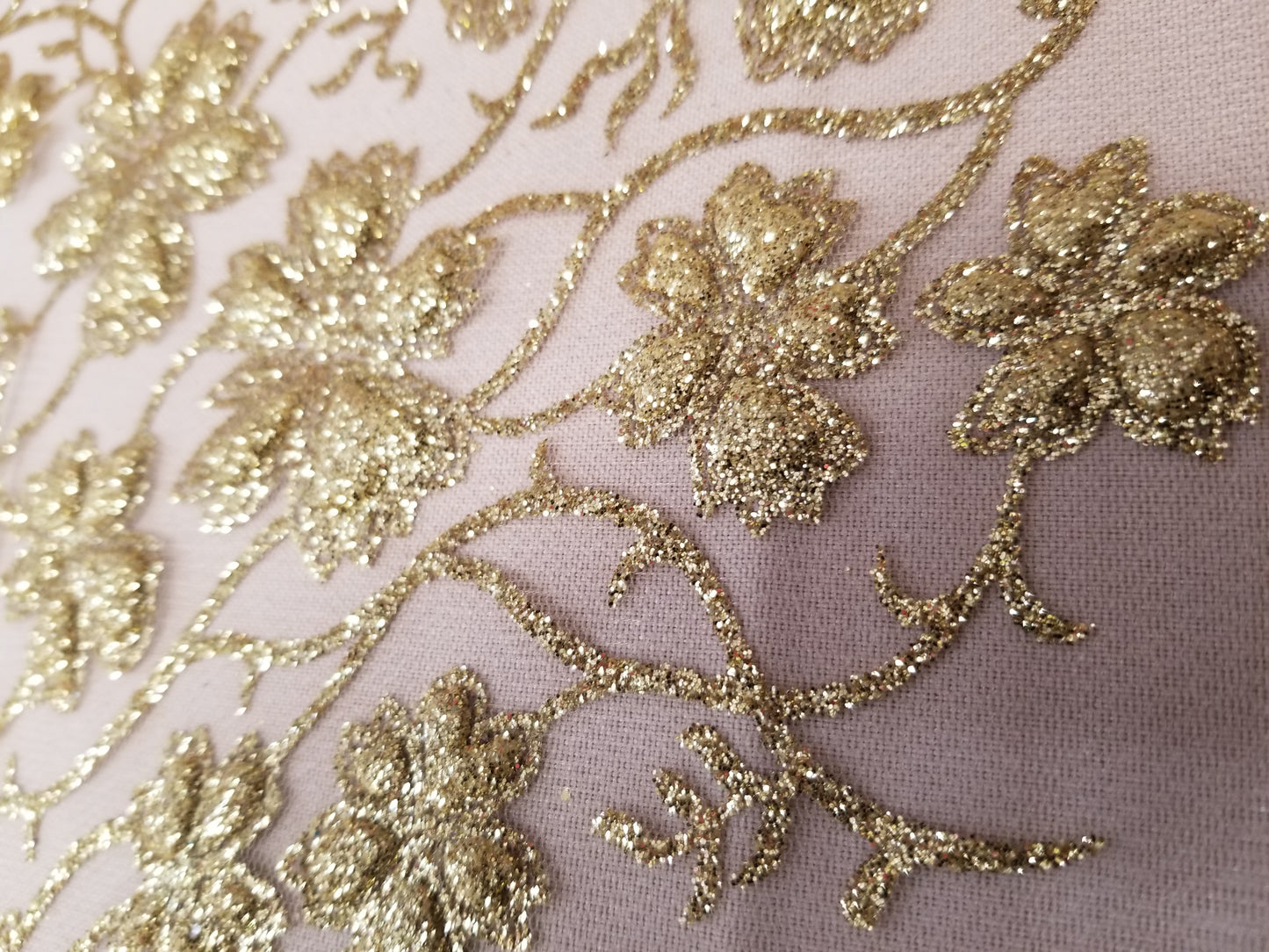 Gold Champagne Floral Glitter Embroidery Mesh Lace Wedding Party Dress Fabric