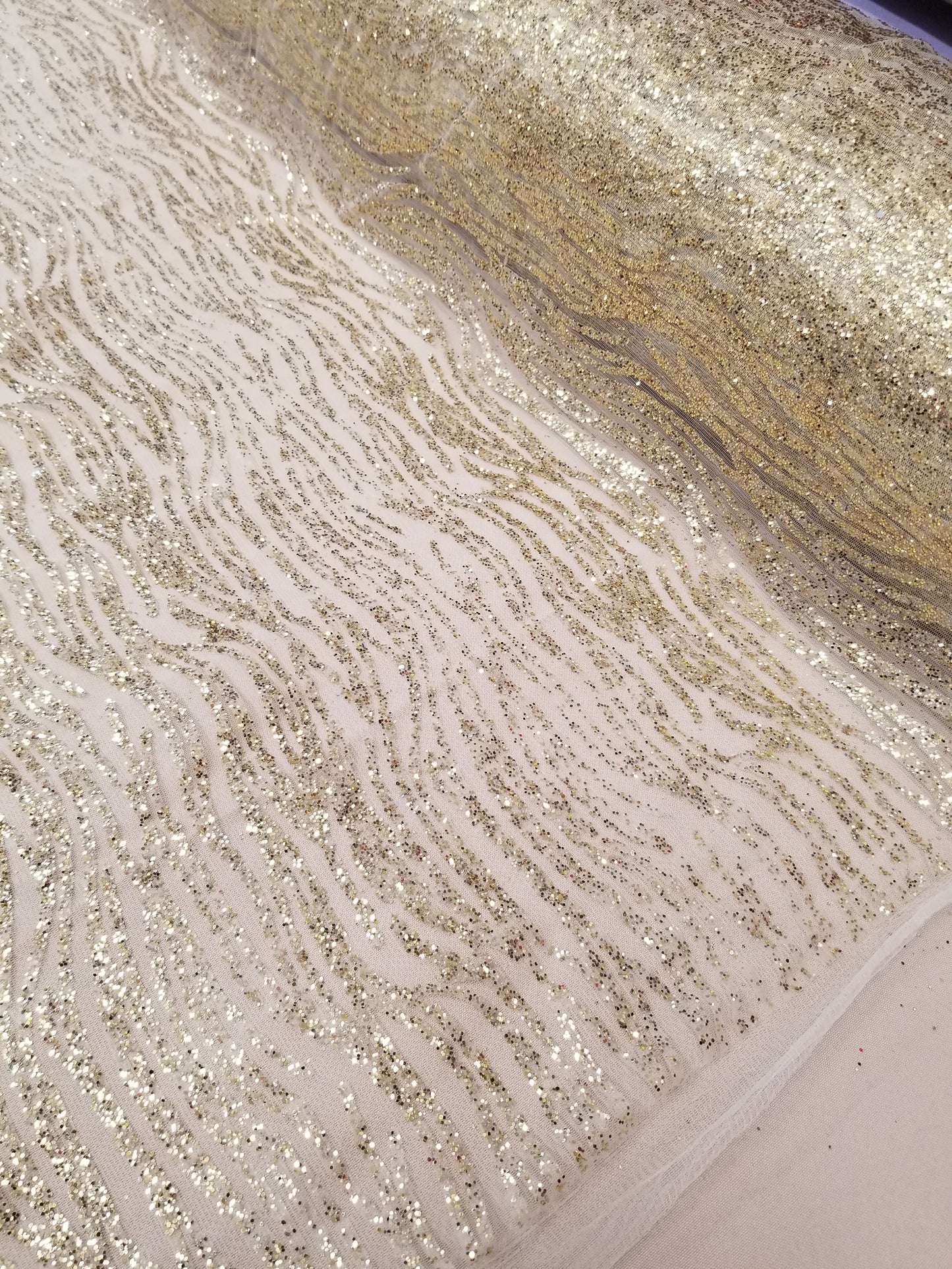 Champagne Floral Glitter Embroidery White Mesh Lace Wedding Party Dress Fabric