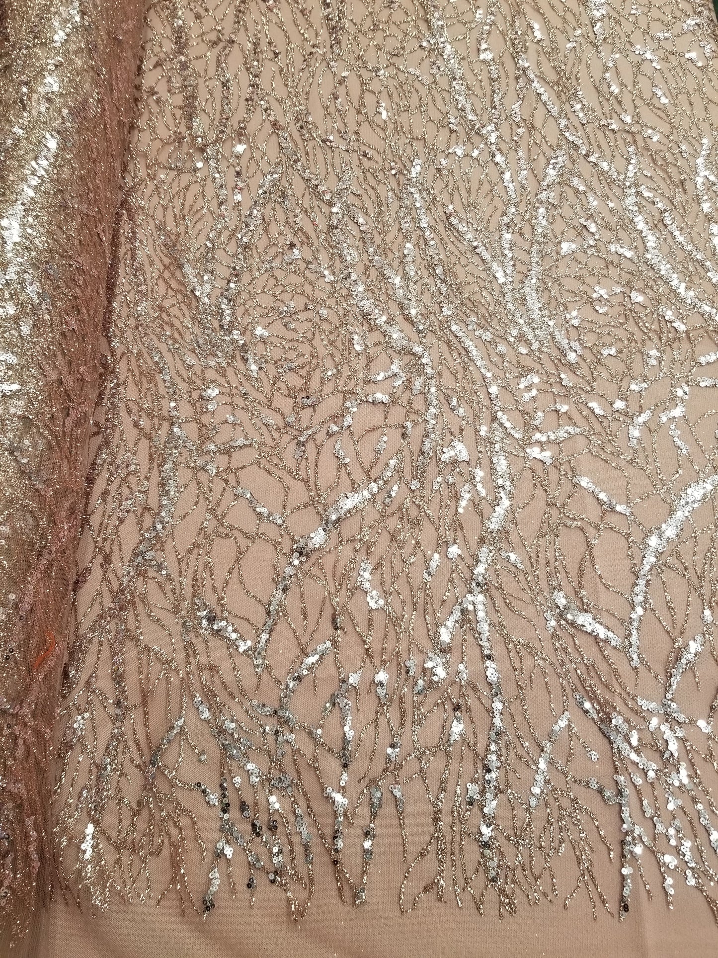 Dusty Rose Floral Glitter Sequins Embroidery Mesh Lace Wedding Party Dress Fabric