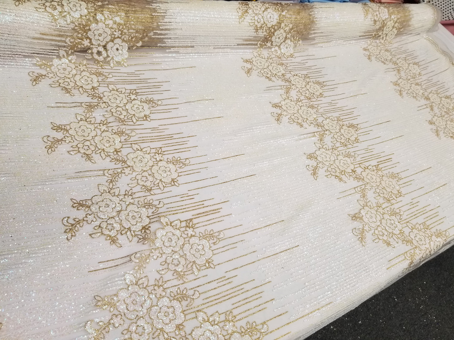 White Floral Glitter Embroidery Mesh Lace Wedding Party Dress Fabric