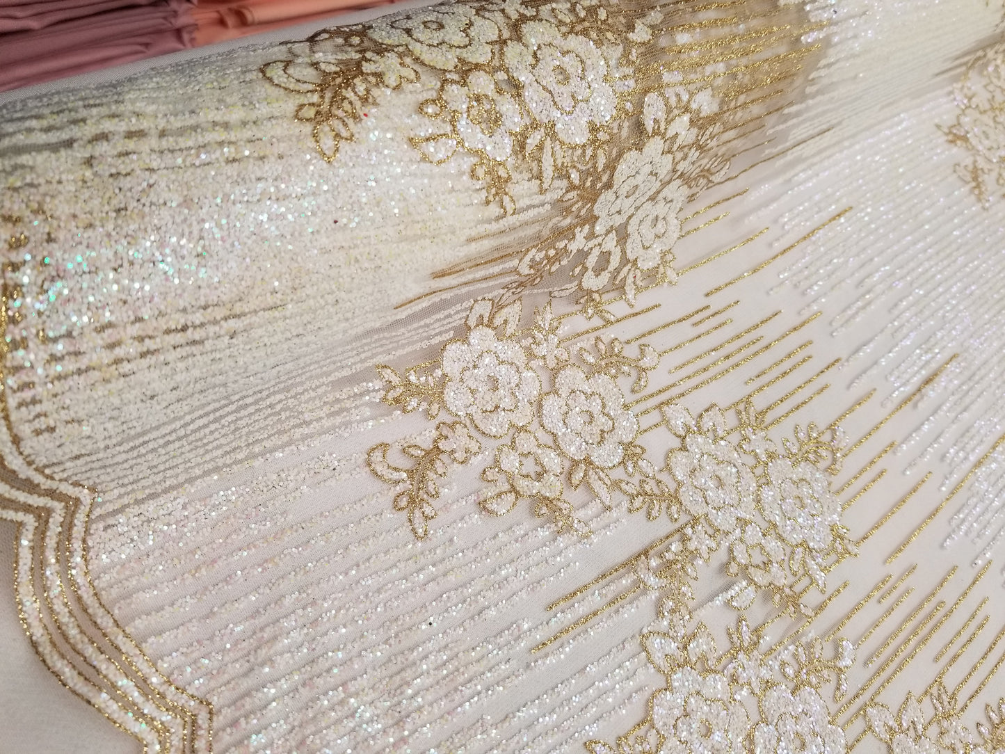 White Floral Glitter Embroidery Mesh Lace Wedding Party Dress Fabric