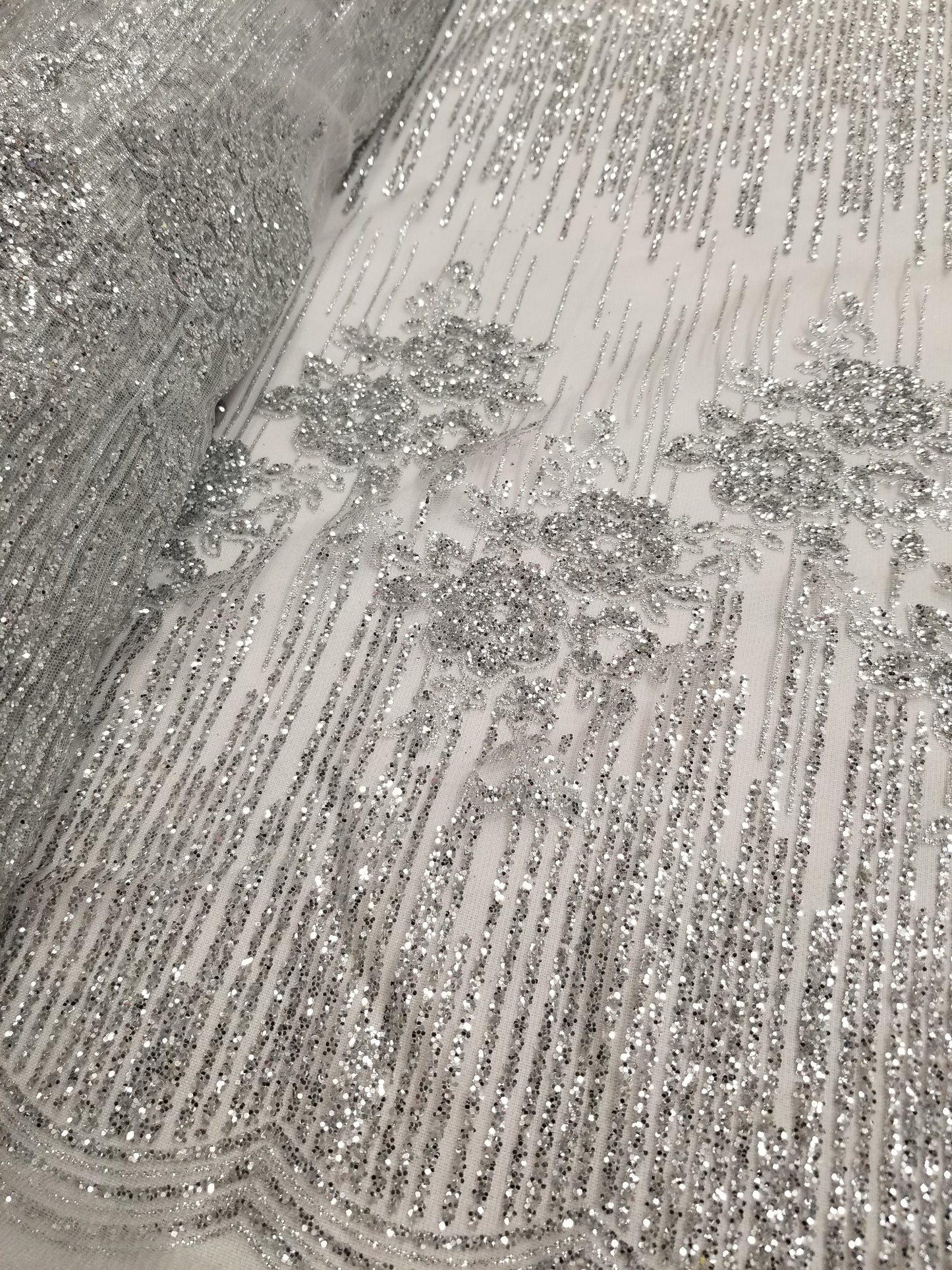 Silver Floral Glitter Embroidery Mesh Lace Wedding Party Dress Fabric