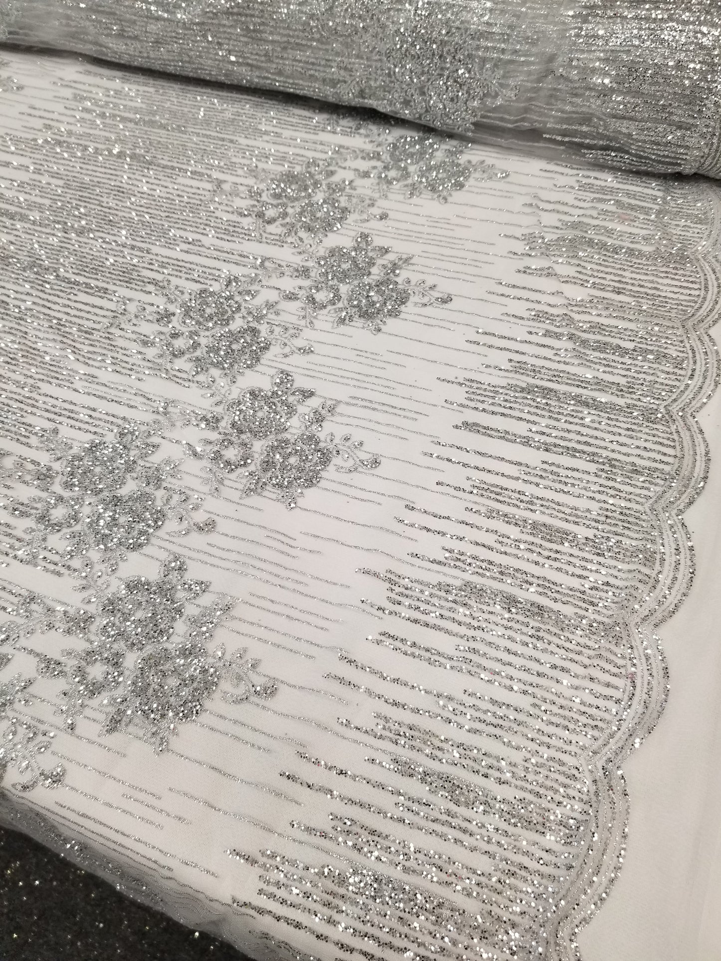 Silver Floral Glitter Embroidery Mesh Lace Wedding Party Dress Fabric