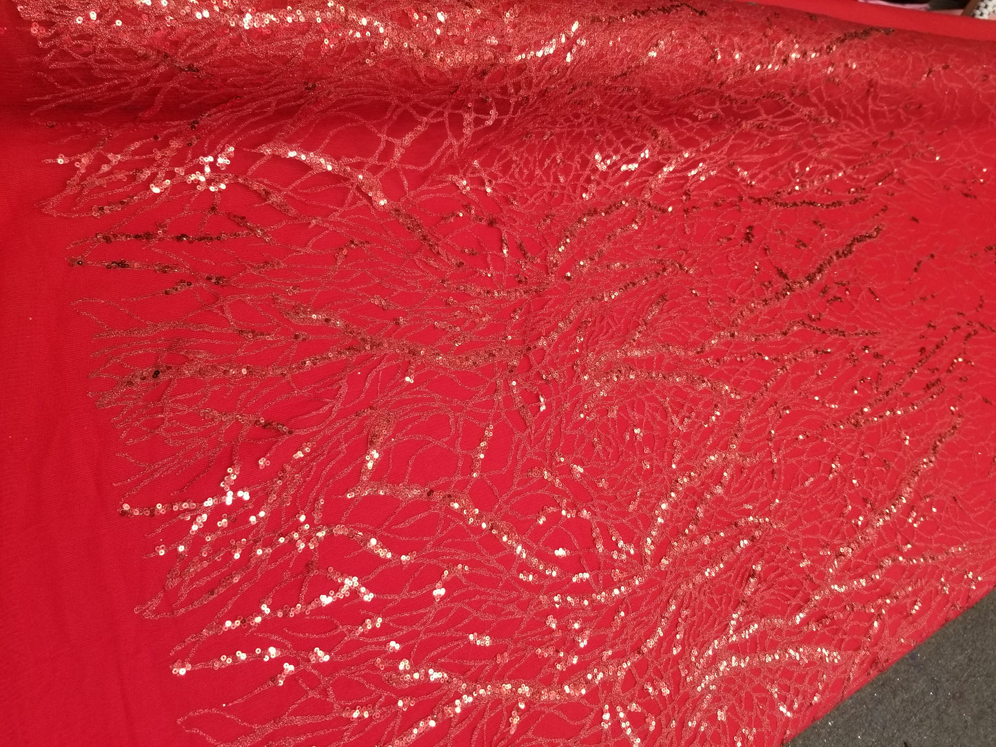 Red Floral Glitter Sequins Embroidery Mesh Lace Wedding Party Dress Fabric