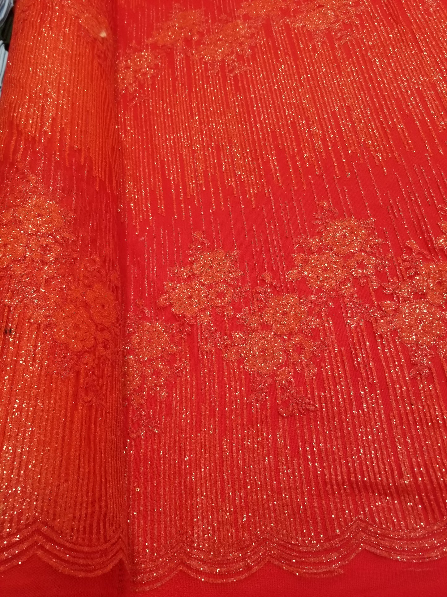 Red Floral Glitter Embroidery Mesh Lace Wedding Party Dress Fabric