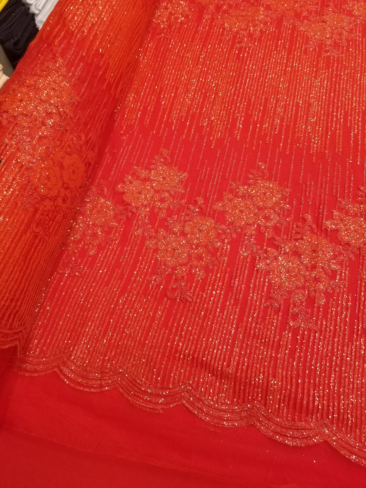 Red Floral Glitter Embroidery Mesh Lace Wedding Party Dress Fabric