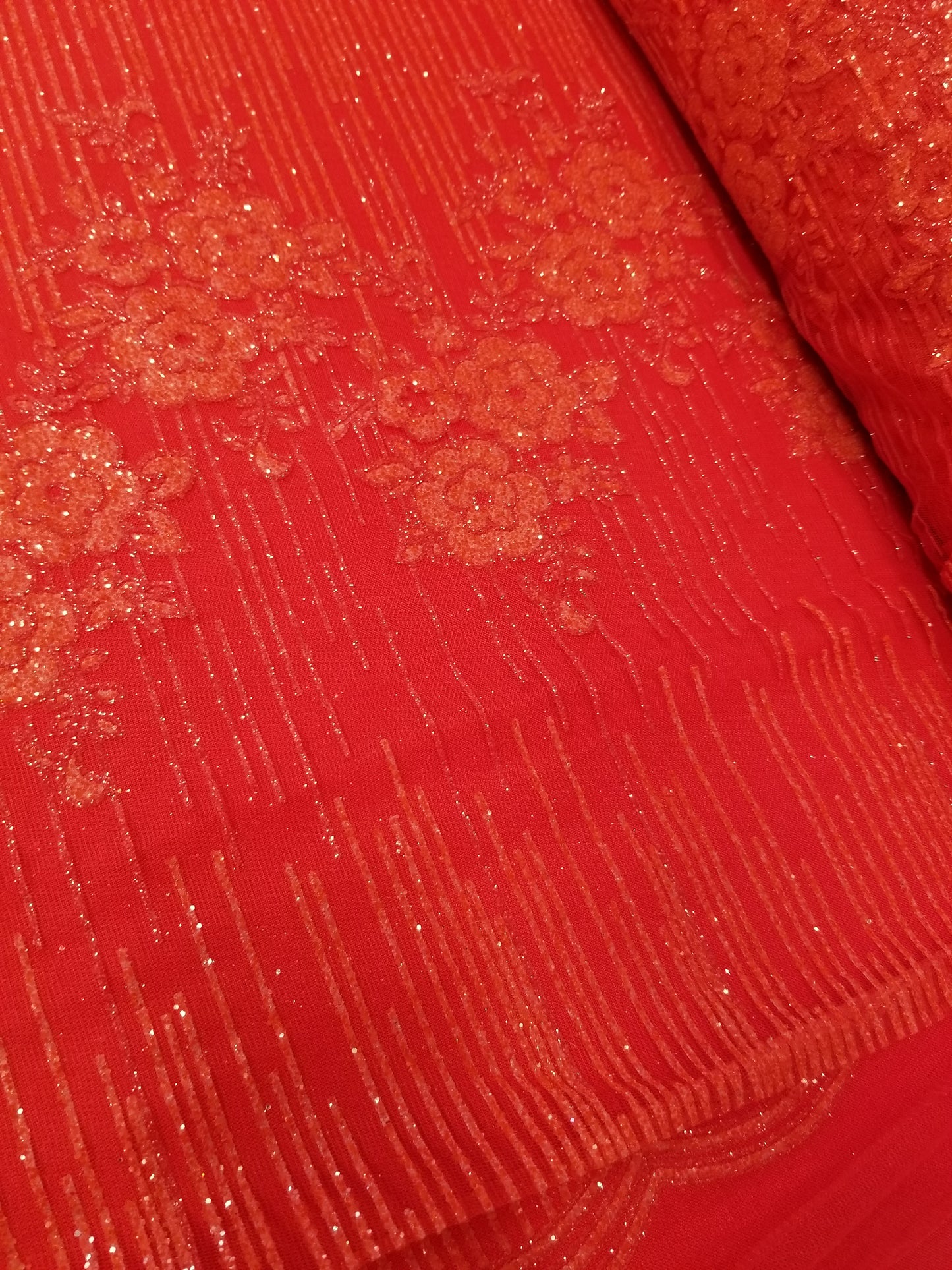Red Floral Glitter Embroidery Mesh Lace Wedding Party Dress Fabric