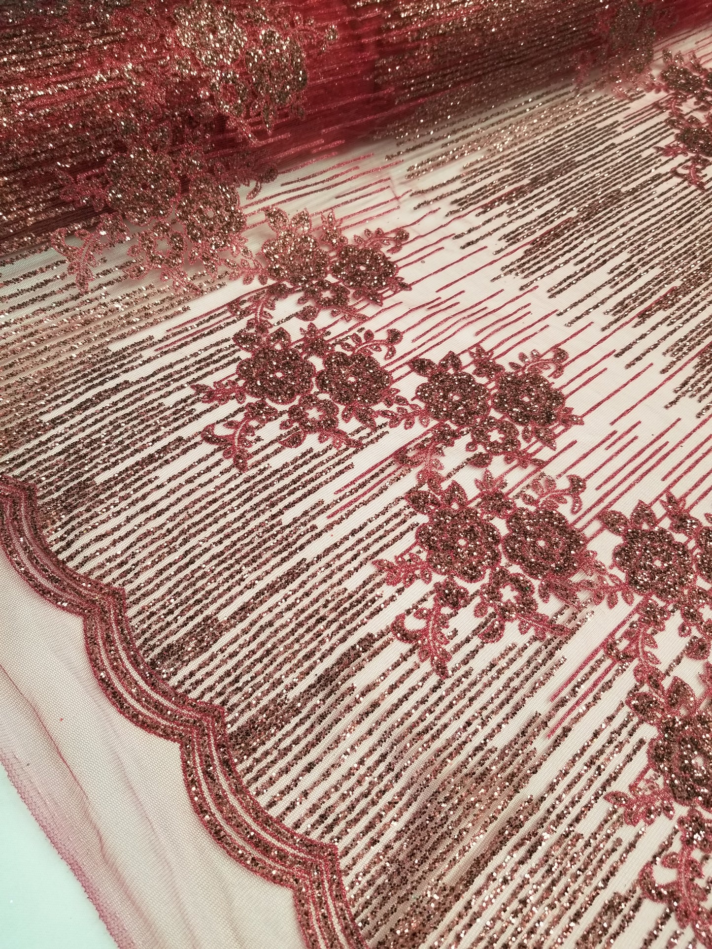 Burgundy Floral Glitter Embroidery Mesh Lace Wedding Party Dress Fabric