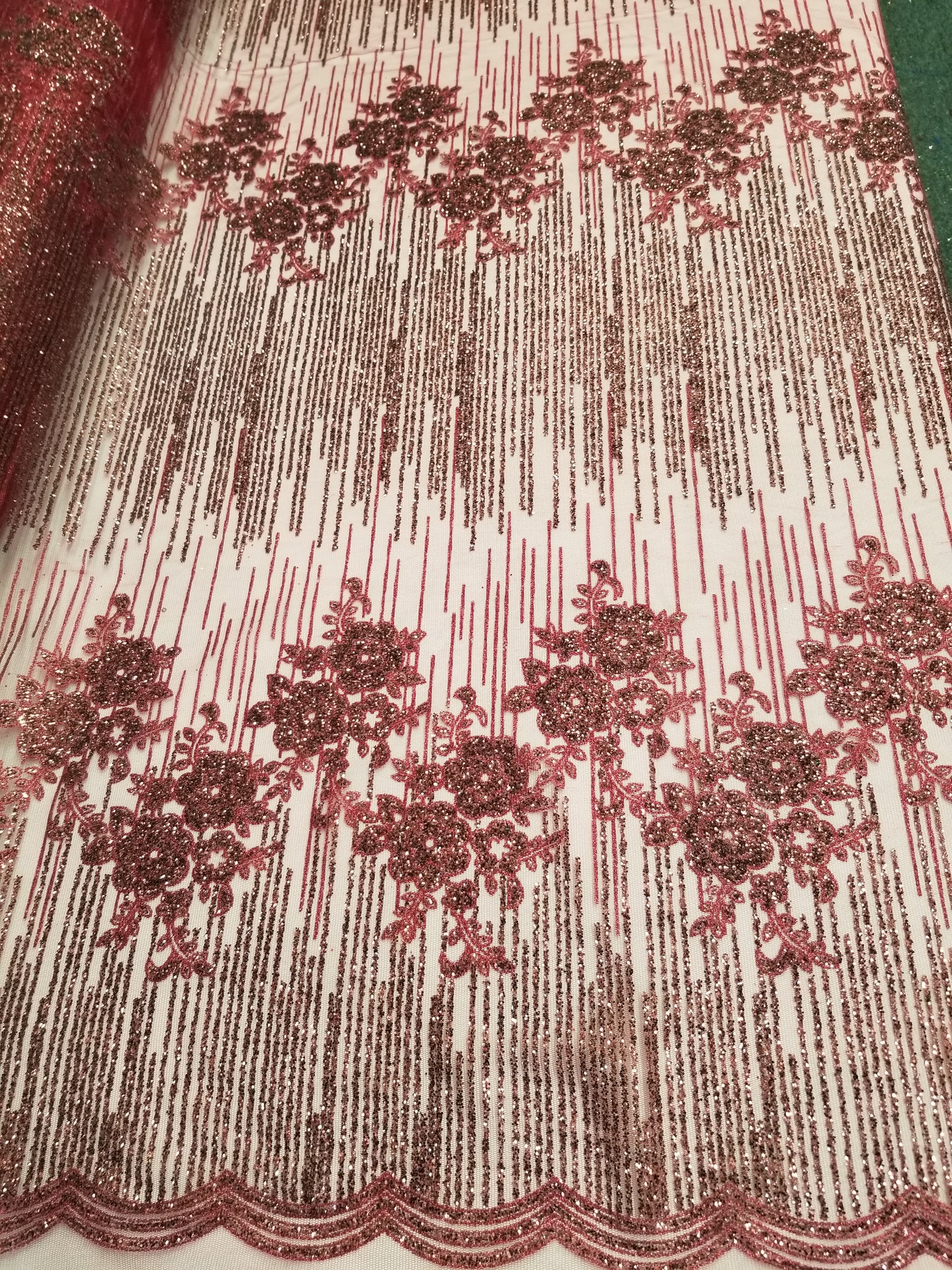 Burgundy Floral Glitter Embroidery Mesh Lace Wedding Party Dress Fabric