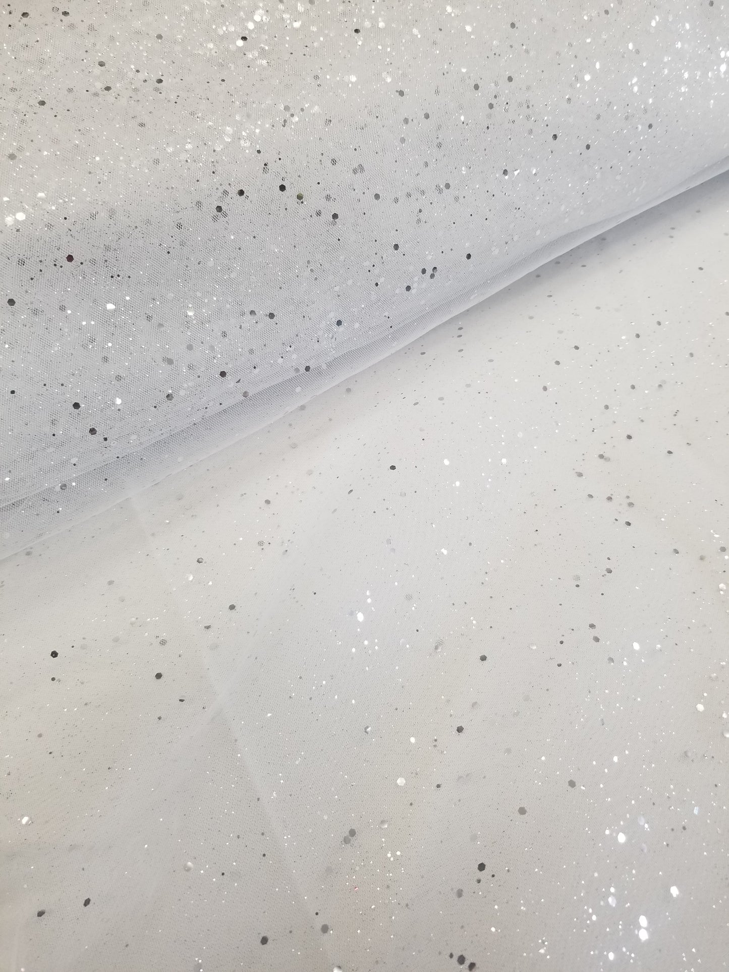 White Glitter Tulle Fabric by the Yard, Wholesale Sparkle Mesh, Shimmer Fabric for Wedding Gown, Decor, Backdrop etc.