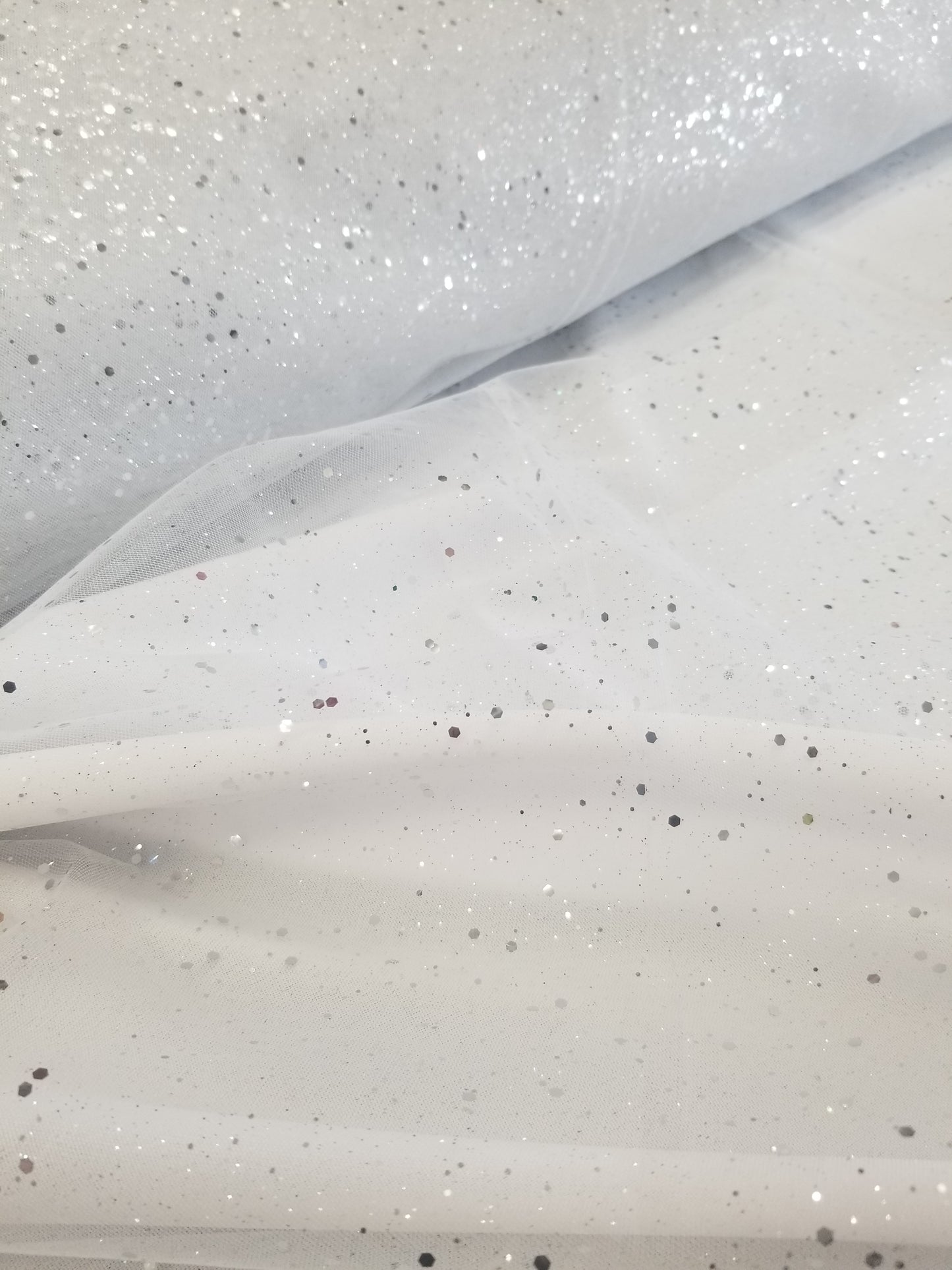 White Glitter Tulle Fabric by the Yard, Wholesale Sparkle Mesh, Shimmer Fabric for Wedding Gown, Decor, Backdrop etc.
